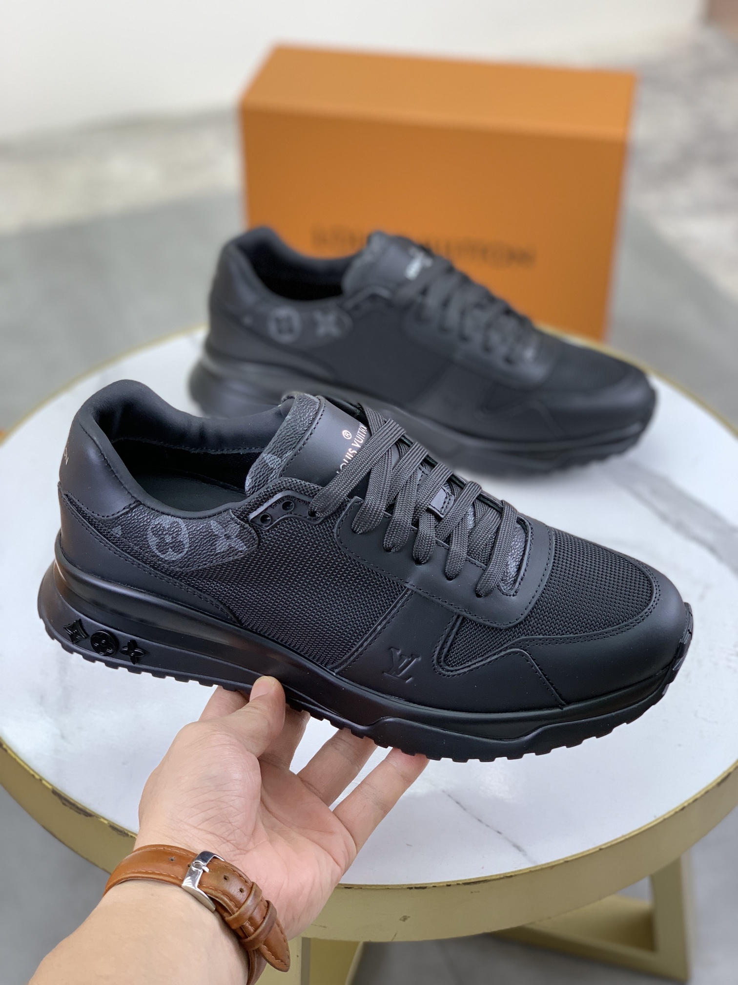 Louis Vuitton Men's Black Leather and Rubber Sole Fashion Sneakers 4 i1726417115 1045 0