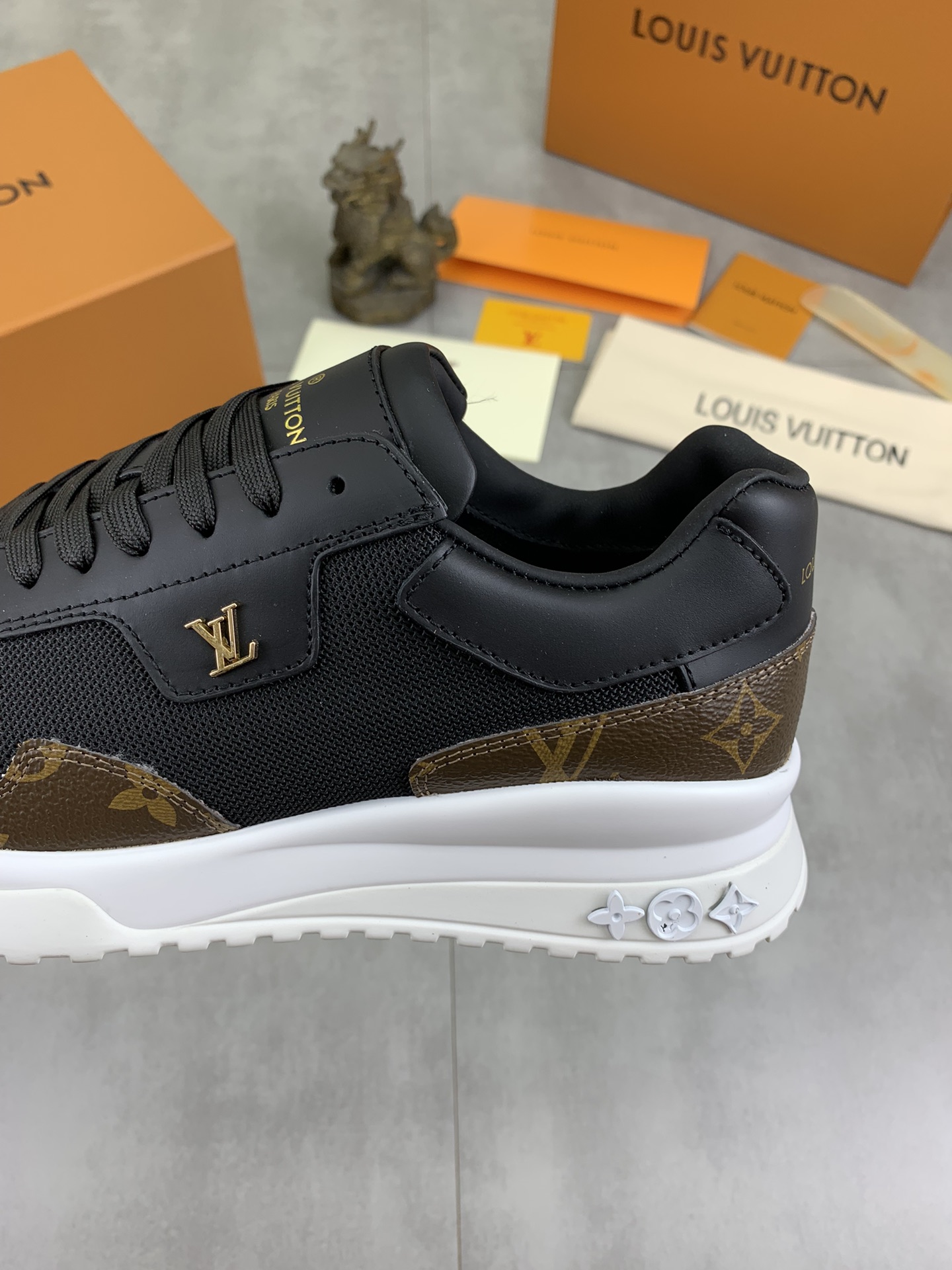 Louis Vuitton Men's Black Leather and Brown Monogram Canvas Run Away Sneaker 8 i1726417154 1050 0