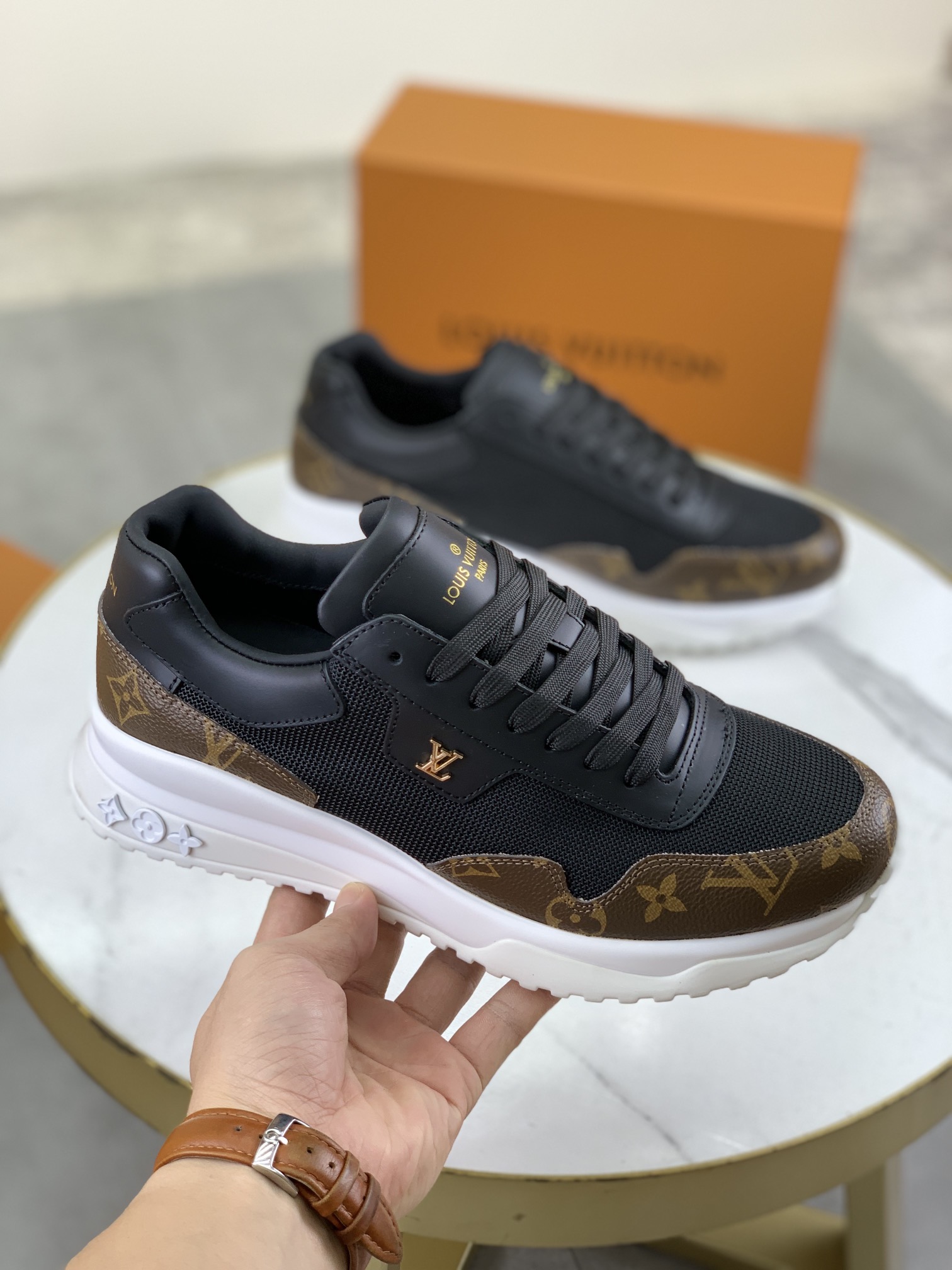 Louis Vuitton Men's Black Leather and Brown Monogram Canvas Run Away Sneaker 4 i1726417154 1187 1
