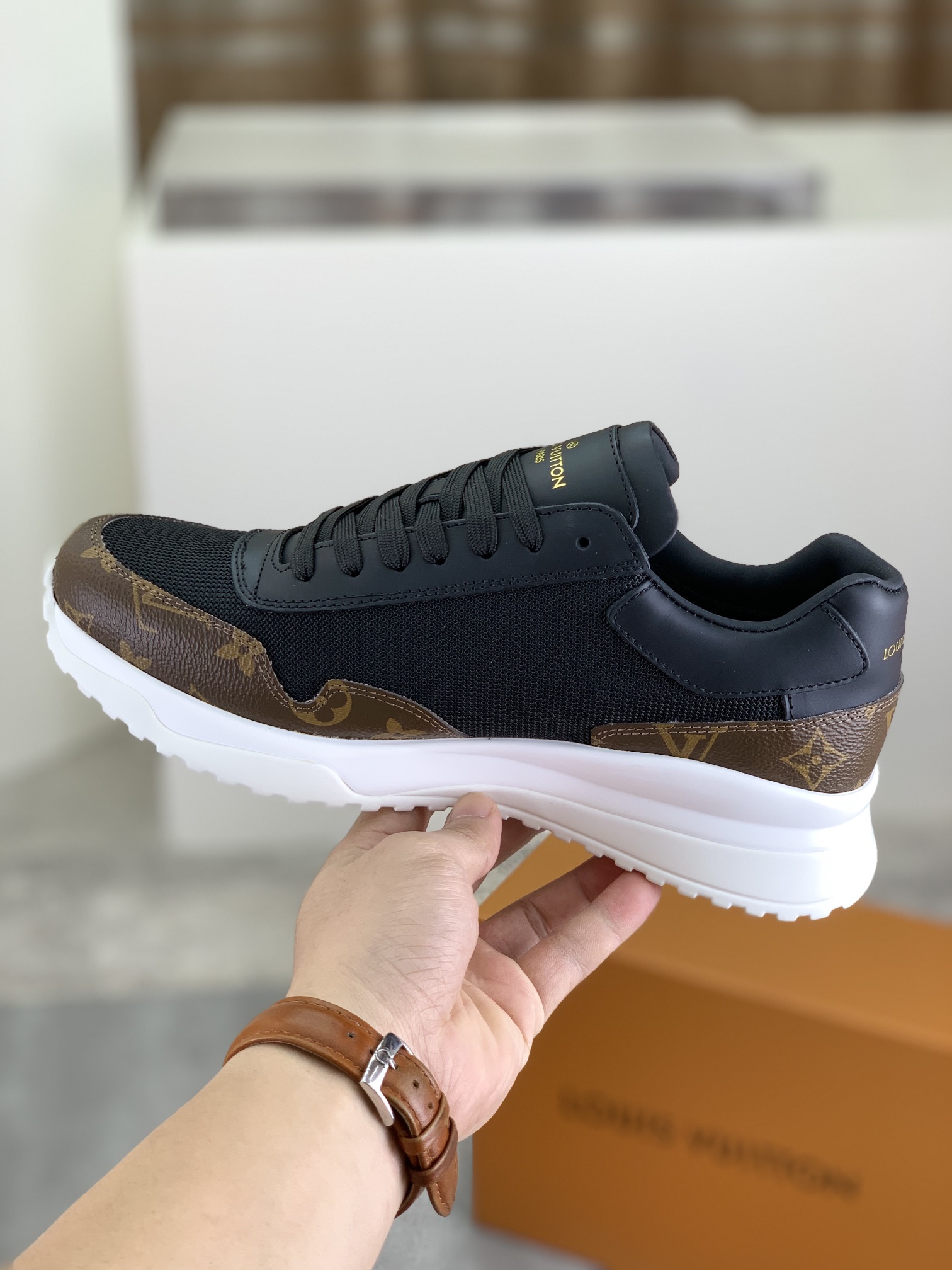Louis Vuitton Men's Black Leather and Brown Monogram Canvas Run Away Sneaker 7 i1726417154 2355 6