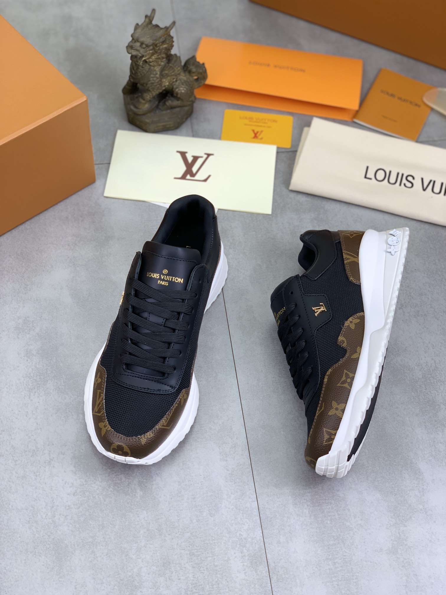 Louis Vuitton Men's Black Leather and Brown Monogram Canvas Run Away Sneaker 6 i1726417155 3265 8