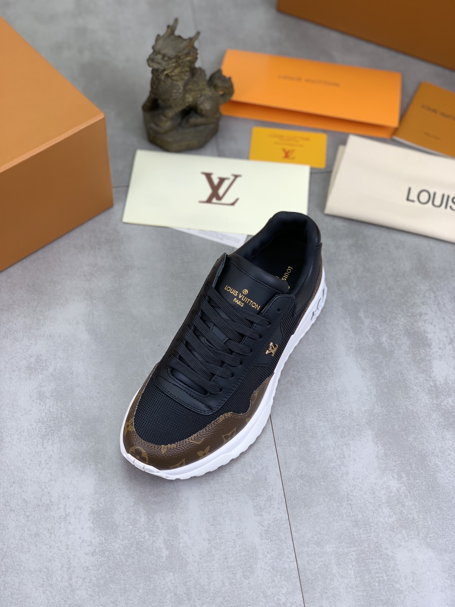 Louis Vuitton Men's Black Leather and Brown Monogram Canvas Run Away Sneaker 5 i1726417155 4916 7
