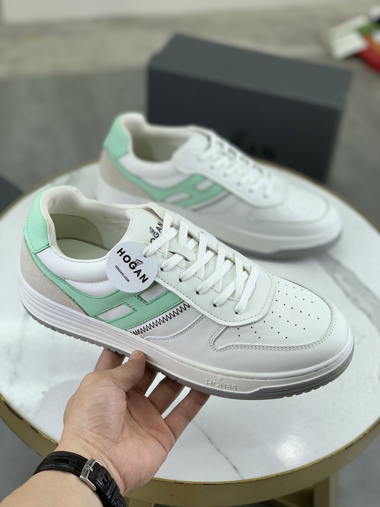 Hogan H630 Series White Leather Sneakers with Mint Green H Logo 4 i1744215770865 7517 0 2