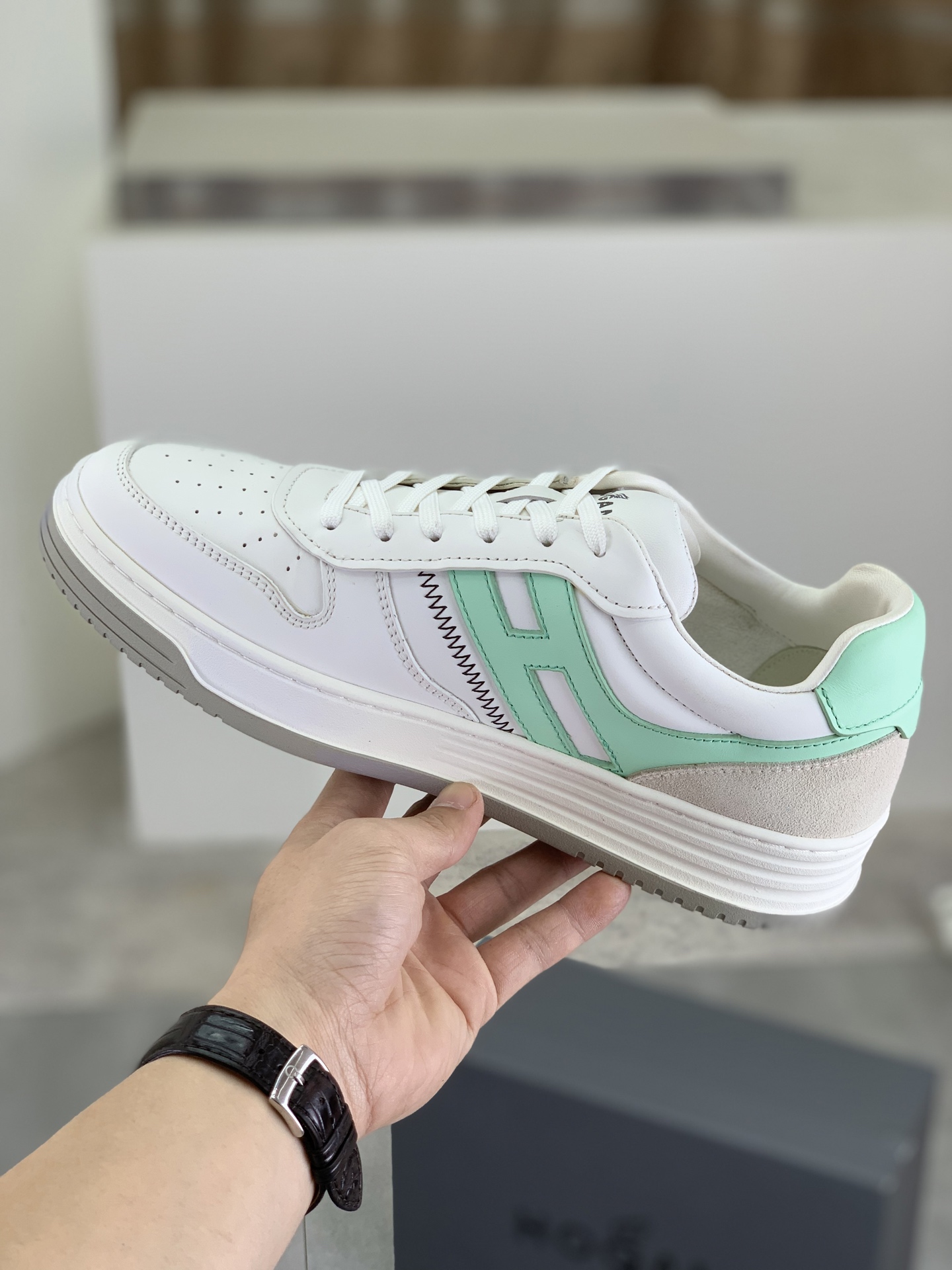 Hogan H630 Series White Leather Sneakers with Mint Green H Logo 7 i1744215773550 3845 0 5