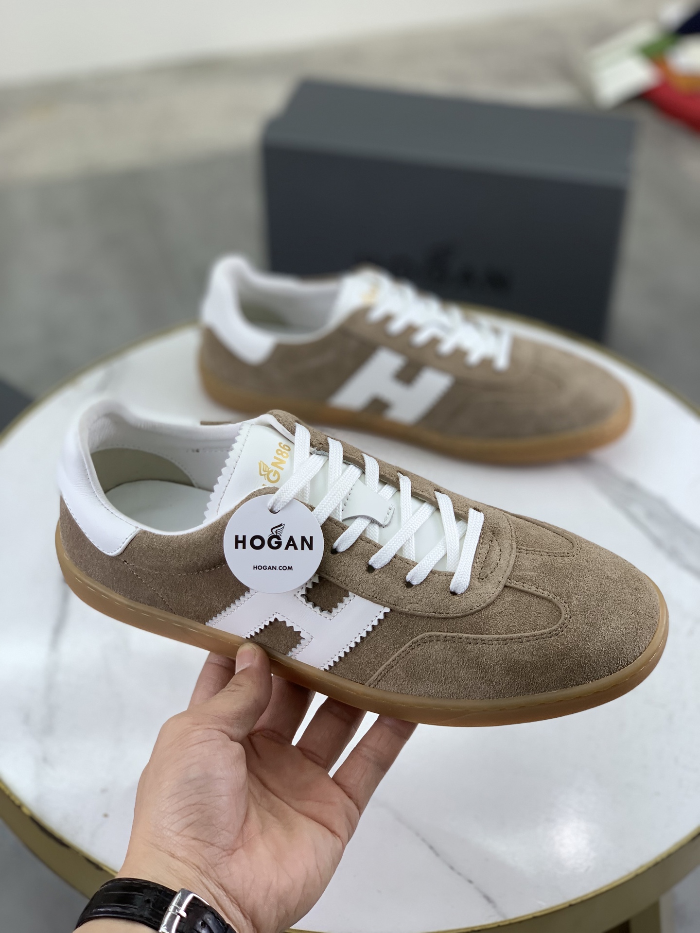 Hogan H630 Series Retro Sneakers in Taupe Suede with White Accents 4 i1744216217542 9504 0 2