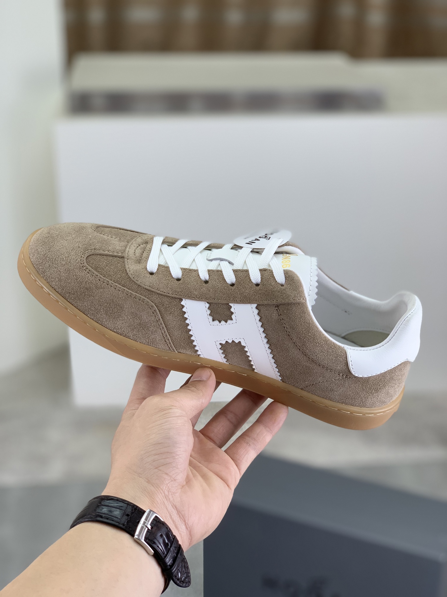Hogan H630 Series Retro Sneakers in Taupe Suede with White Accents 7 i1744216220464 1230 0 5
