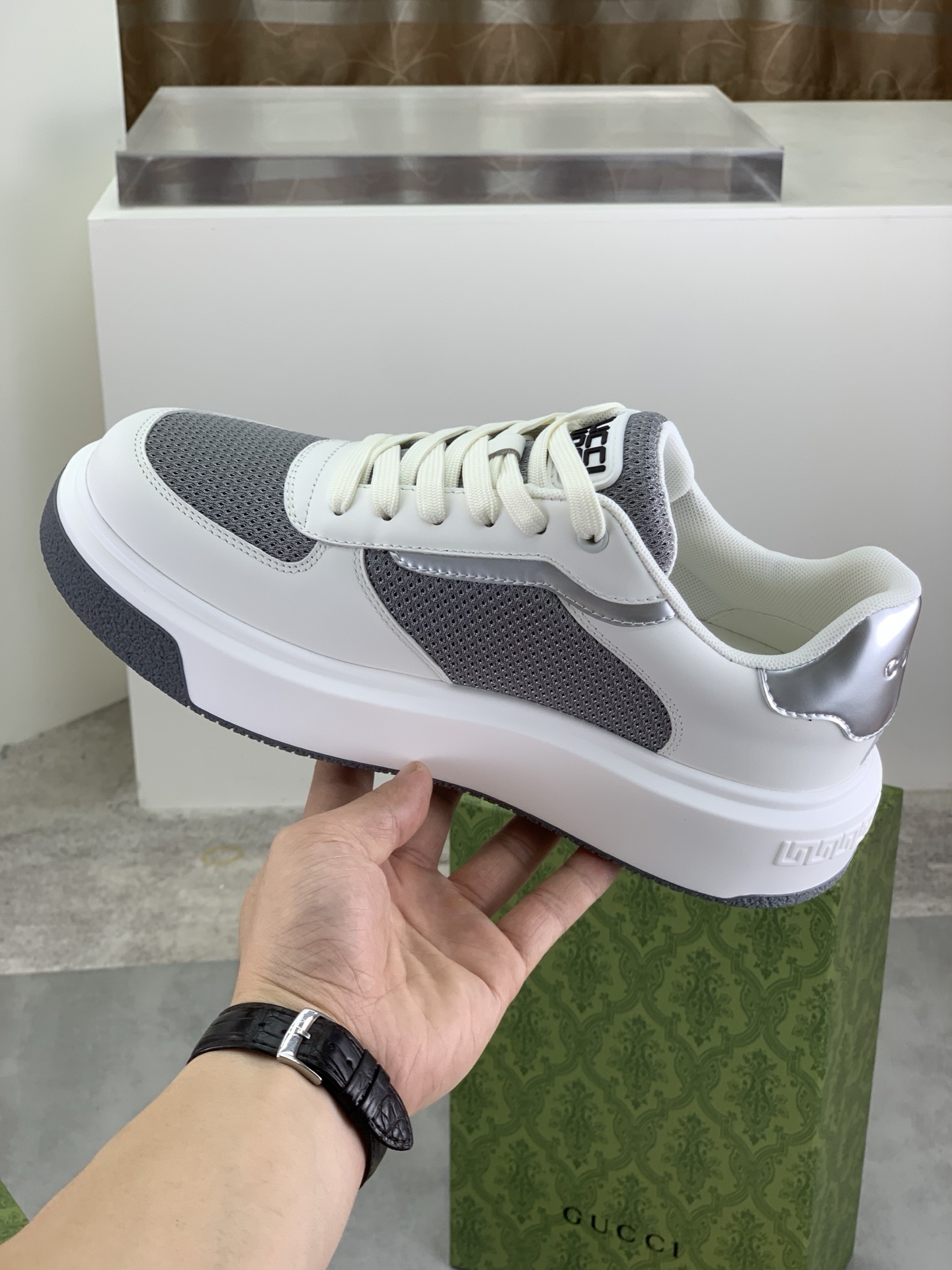 Gucci Men's Ace Leather Sneaker with GG Logo - White & Gray, Size 39-44 7 i1746379082164 790 0 5
