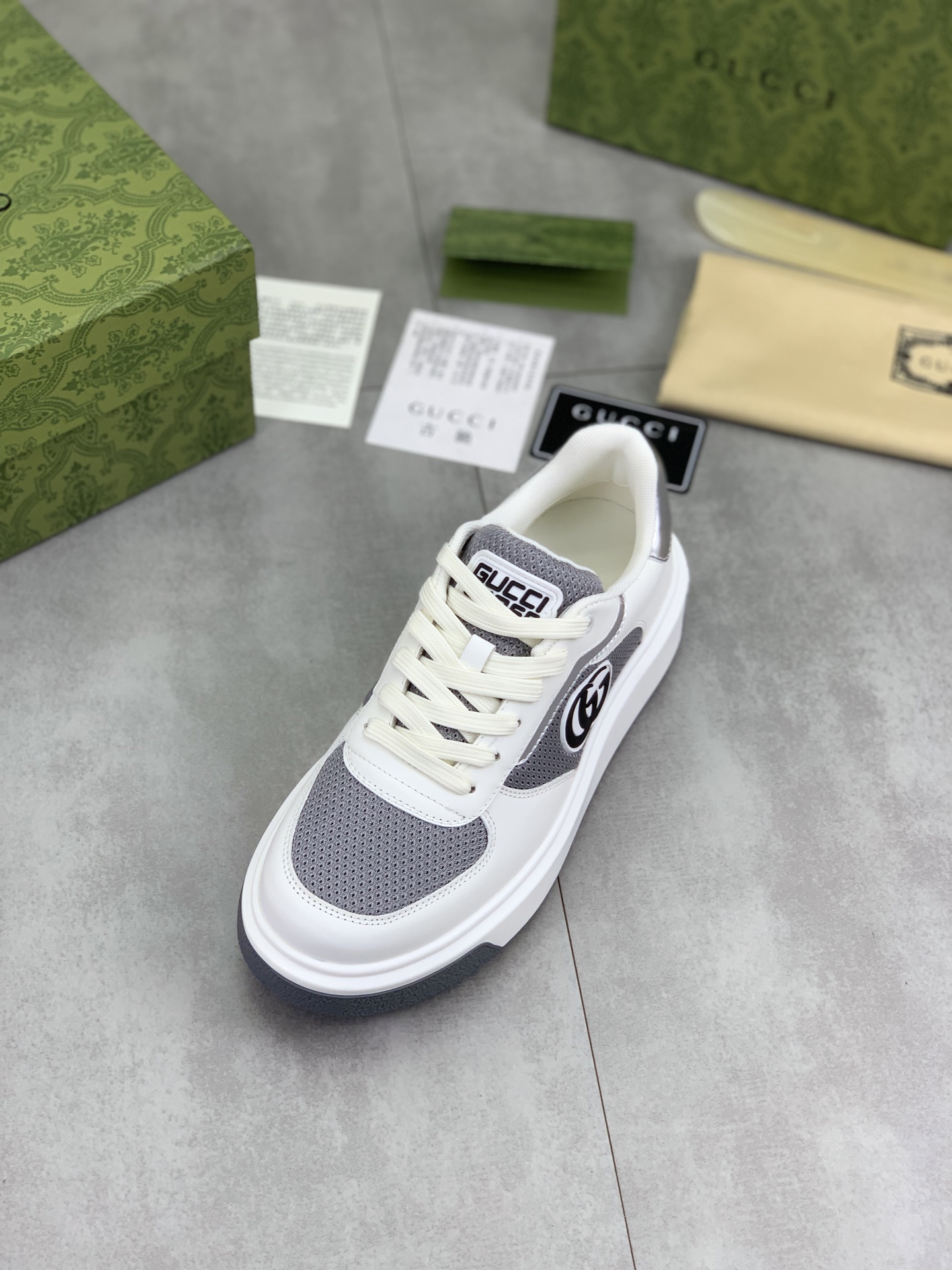 Gucci Men's Ace Leather Sneaker with GG Logo - White & Gray, Size 39-44 5 i1746379088118 1310 0 3