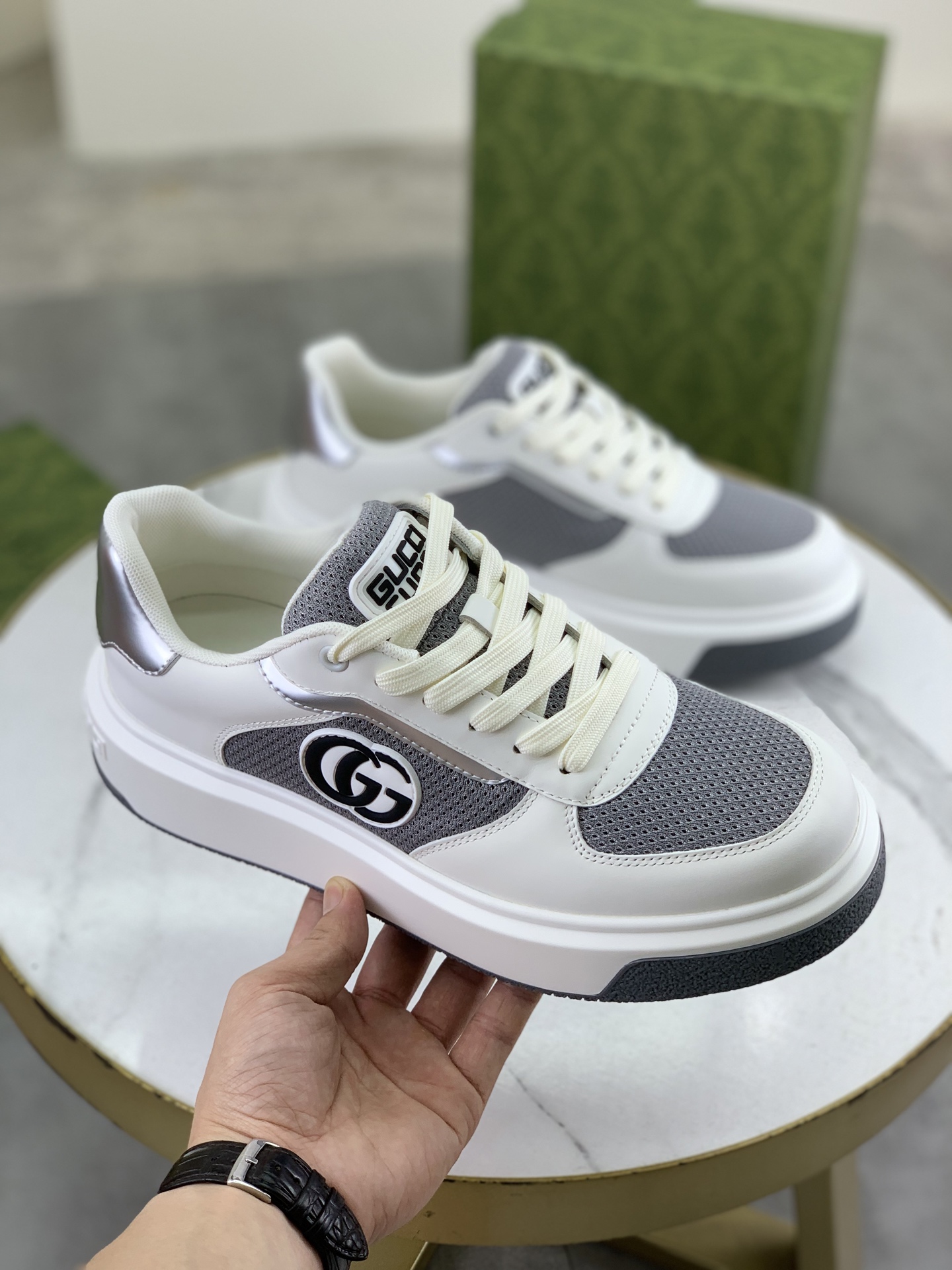 Gucci Men's Ace Leather Sneaker with GG Logo - White & Gray, Size 39-44 4 i1746379088133 4391 0 2