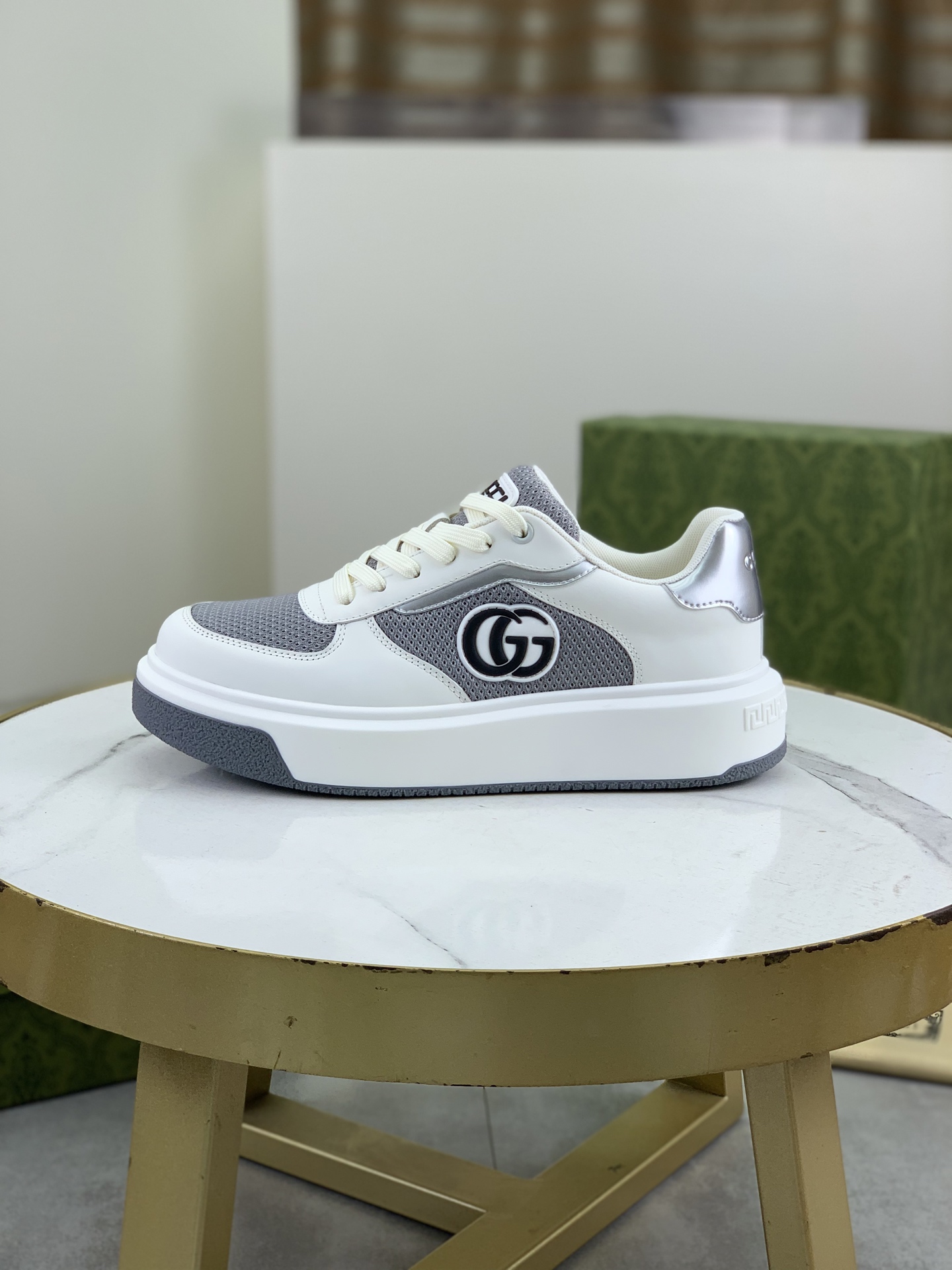 Gucci Men's Ace Leather Sneaker with GG Logo - White & Gray, Size 39-44 2 i1746379088512 3271 0 0