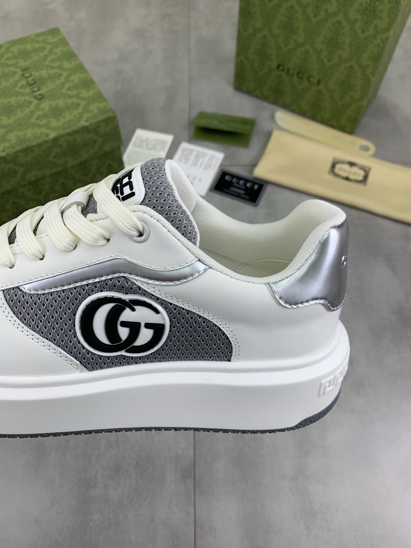 Gucci Men's Ace Leather Sneaker with GG Logo - White & Gray, Size 39-44 8 i1746379088736 1343 0 6