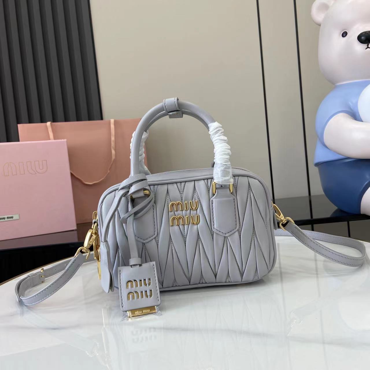 Miu Miu Arcadia Matelassé Leather Bowling Bag - Light Pink & Pearl Gray 2 i1749623826389 4805 0 0