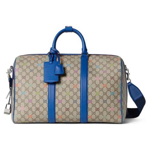 Gucci Beige Monogram Multicolor Print Duffle Bag with Blue Leather Trim 1 Gucci Beige Monogram Multicolor Print Duffle Bag with Blue Leather Trim