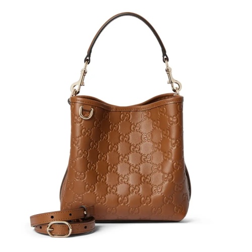Gucci Emblem Brown Leather Bucket Bag with Detachable Strap - 19x18x11cm 1 Gucci Emblem Brown Leather Bucket Bag with Detachable Strap – 19x18x11cm