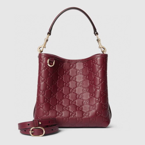Gucci Emblem Small Bucket Bag - Ankara Red Embossed Leather, Detachable Strap 1 Gucci Emblem Small Bucket Bag – Ankara Red Embossed Leather, Detachable Strap