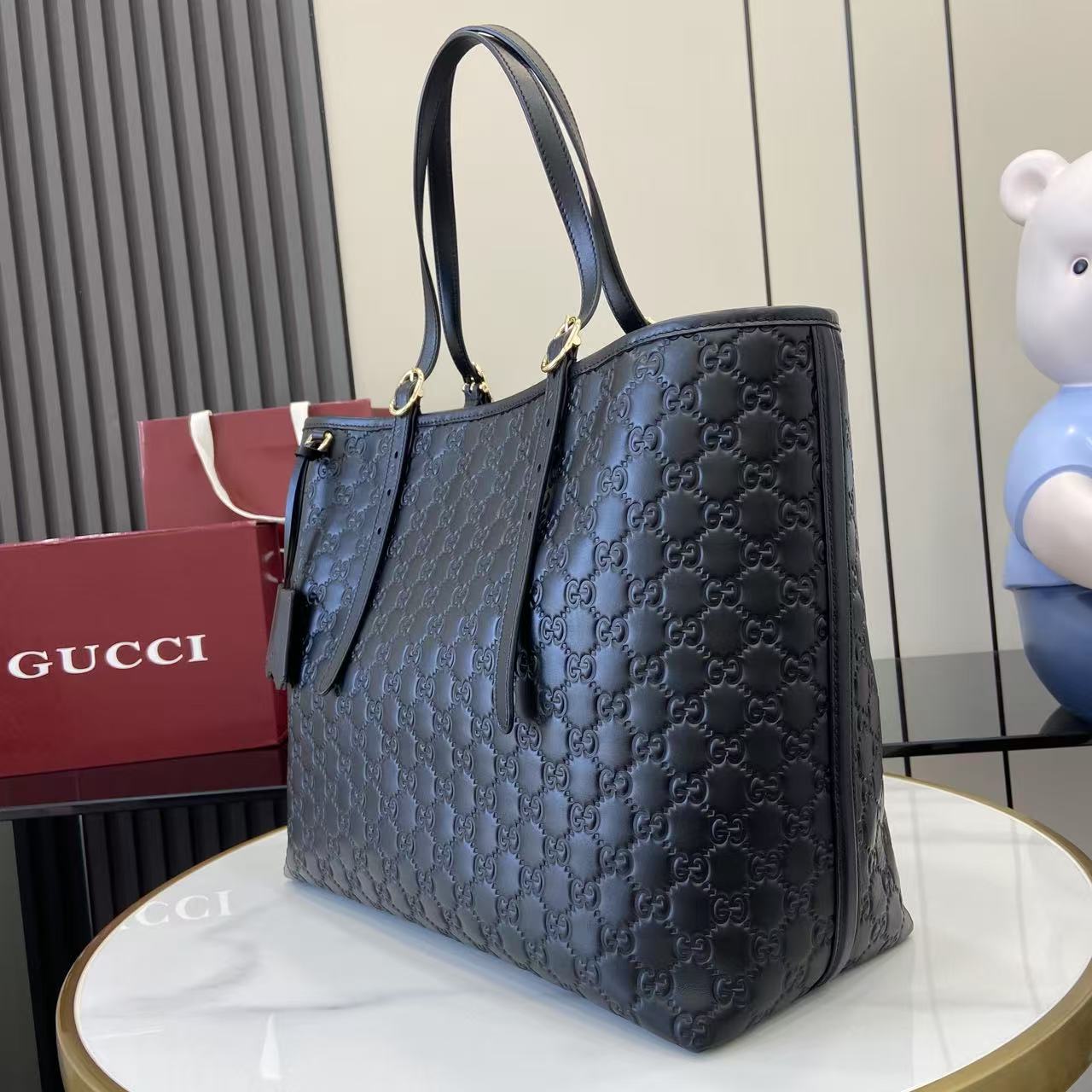 Gucci Embossed Leather Tote Bag, 14.6"W x 12.2"H x 6.3"D, Black 6 i1753509144818 9858 0 5