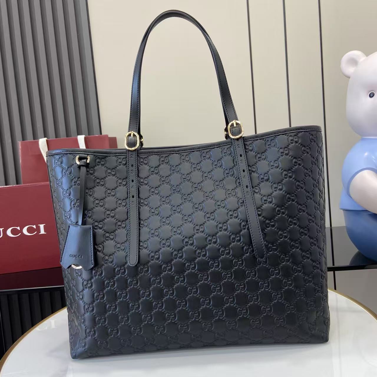 Gucci Embossed Leather Tote Bag, 14.6"W x 12.2"H x 6.3"D, Black 1 i1753509144819 4221 0 0