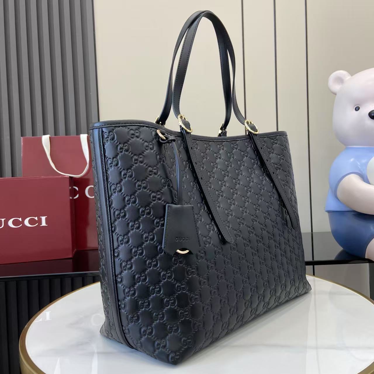 Gucci Embossed Leather Tote Bag, 14.6"W x 12.2"H x 6.3"D, Black 2 i1753509147454 2745 0 1