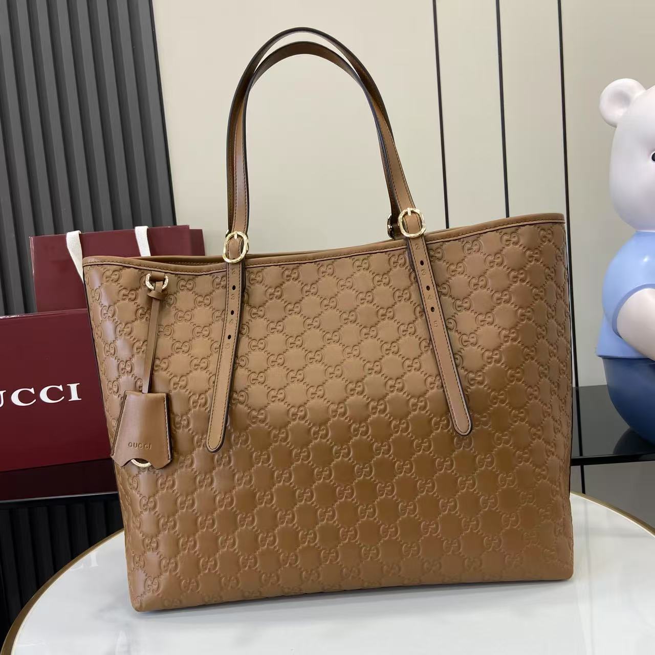 Gucci Embossed Leather Tote Bag, Brown, 37x31x16cm, Stylish and Functional