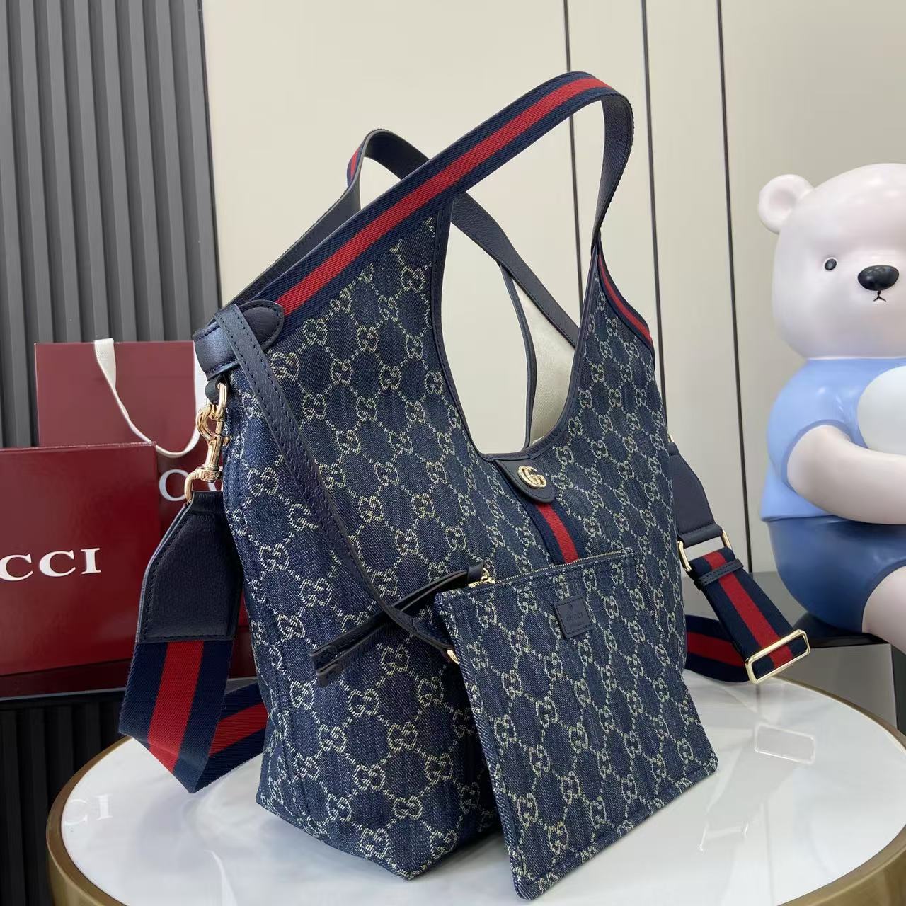 Gucci Giglio Denim Tote Bag with Removable Pouch - Blue 3 i1753865283290 4808 0 1