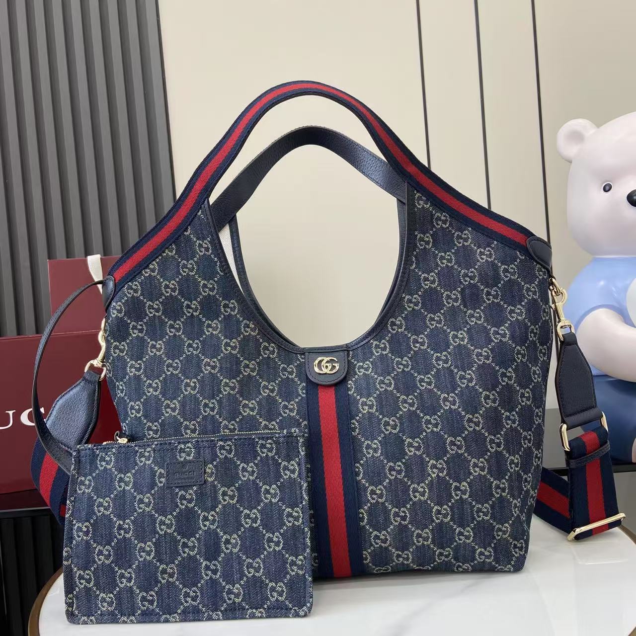 Gucci Giglio Denim Tote Bag with Removable Pouch - Blue 2 i1753865283291 5783 0 0