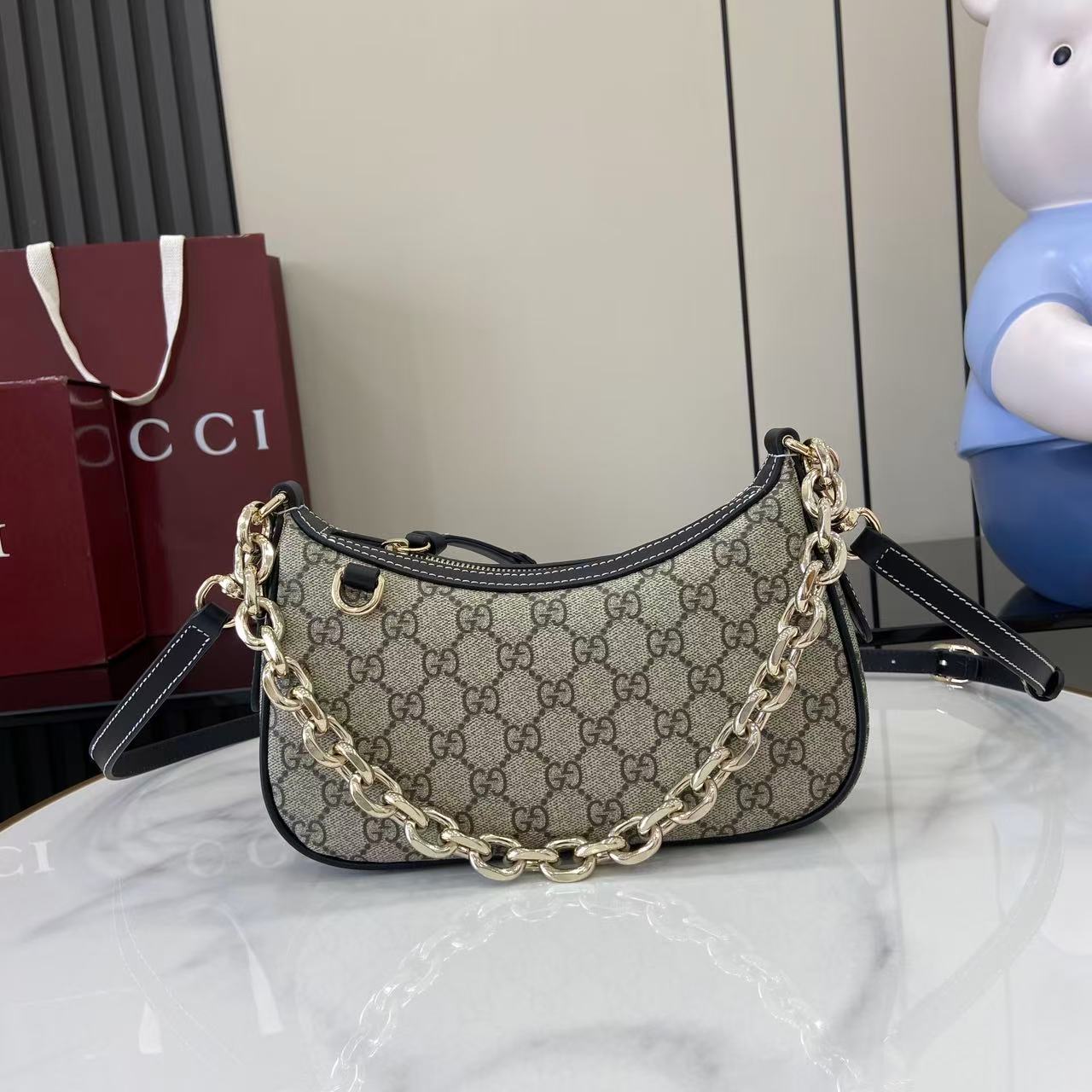 Gucci Emblem Beige & Dark Brown Shoulder Bag with Chain Strap - Style 847447 2 i1756827985000 5127 0 0