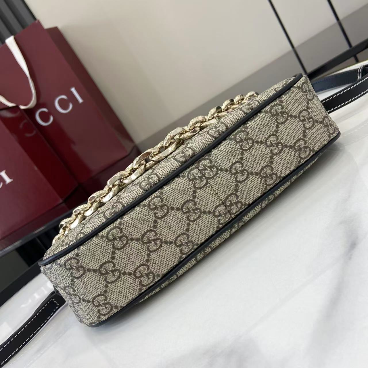 Gucci Emblem Beige & Dark Brown Shoulder Bag with Chain Strap - Style 847447 5 i1756827985000 5221 0 3