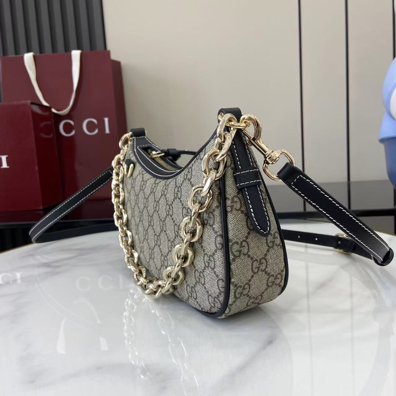 Gucci Emblem Beige & Dark Brown Shoulder Bag with Chain Strap - Style 847447 7 i1756827988352 9727 0 5