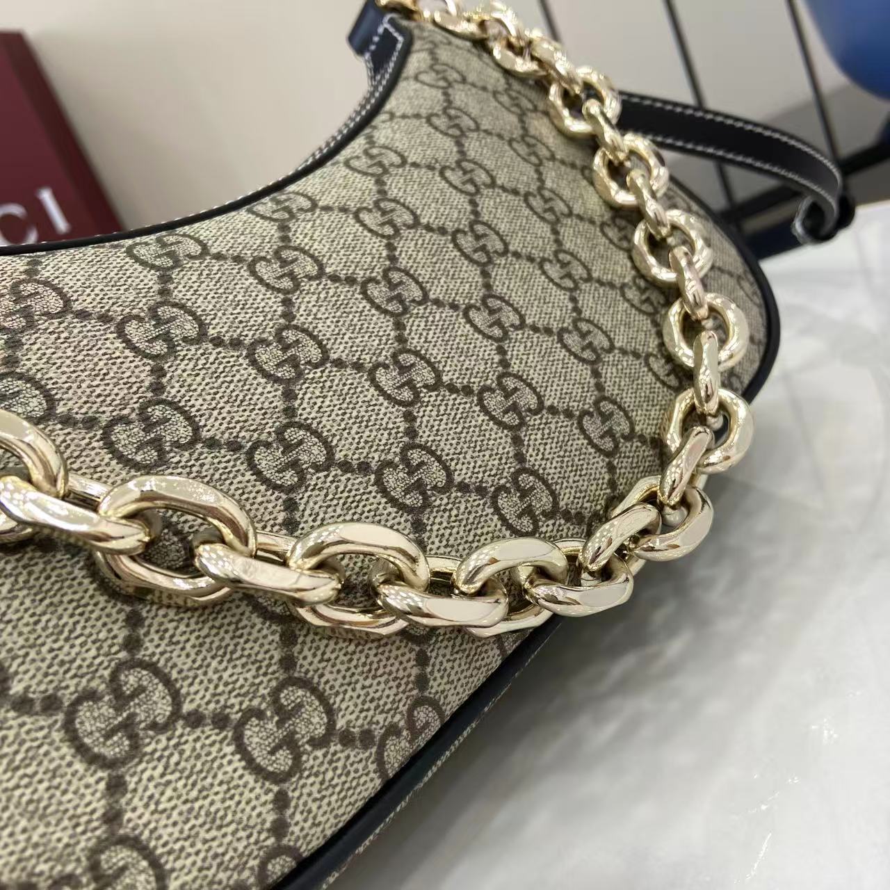 Gucci Emblem Beige & Dark Brown Shoulder Bag with Chain Strap - Style 847447 11 i1756827992401 7416 0 9