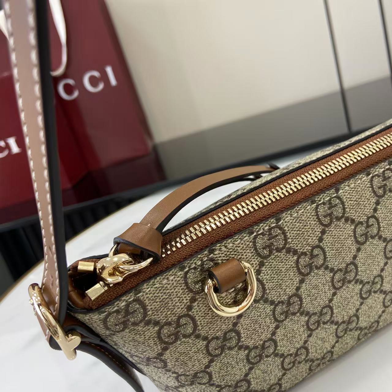 Gucci Emblem Small Shoulder Bag Beige and Dark Brown, Gucci Letter Pattern 8 i1756828195333 9835 0 6