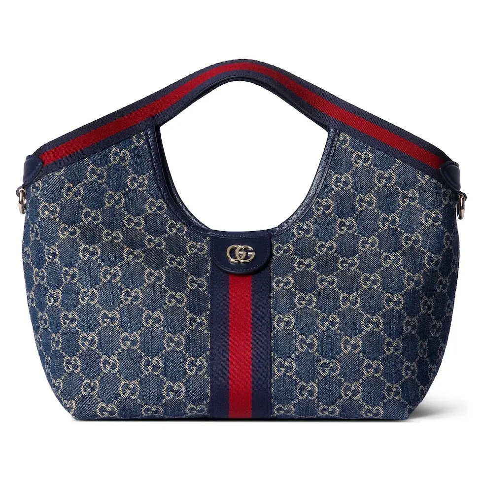 Gucci Giglio Small Denim Tote Bag with Web Trim & Detachable Pouch