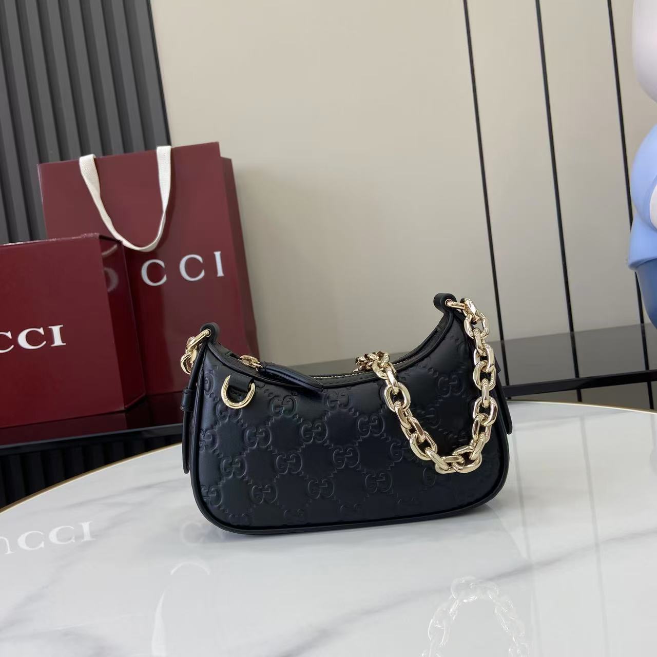 Gucci Emblem Small Embossed Leather Shoulder Bag with Chain Strap 2 i1757313129655 1163 0 0