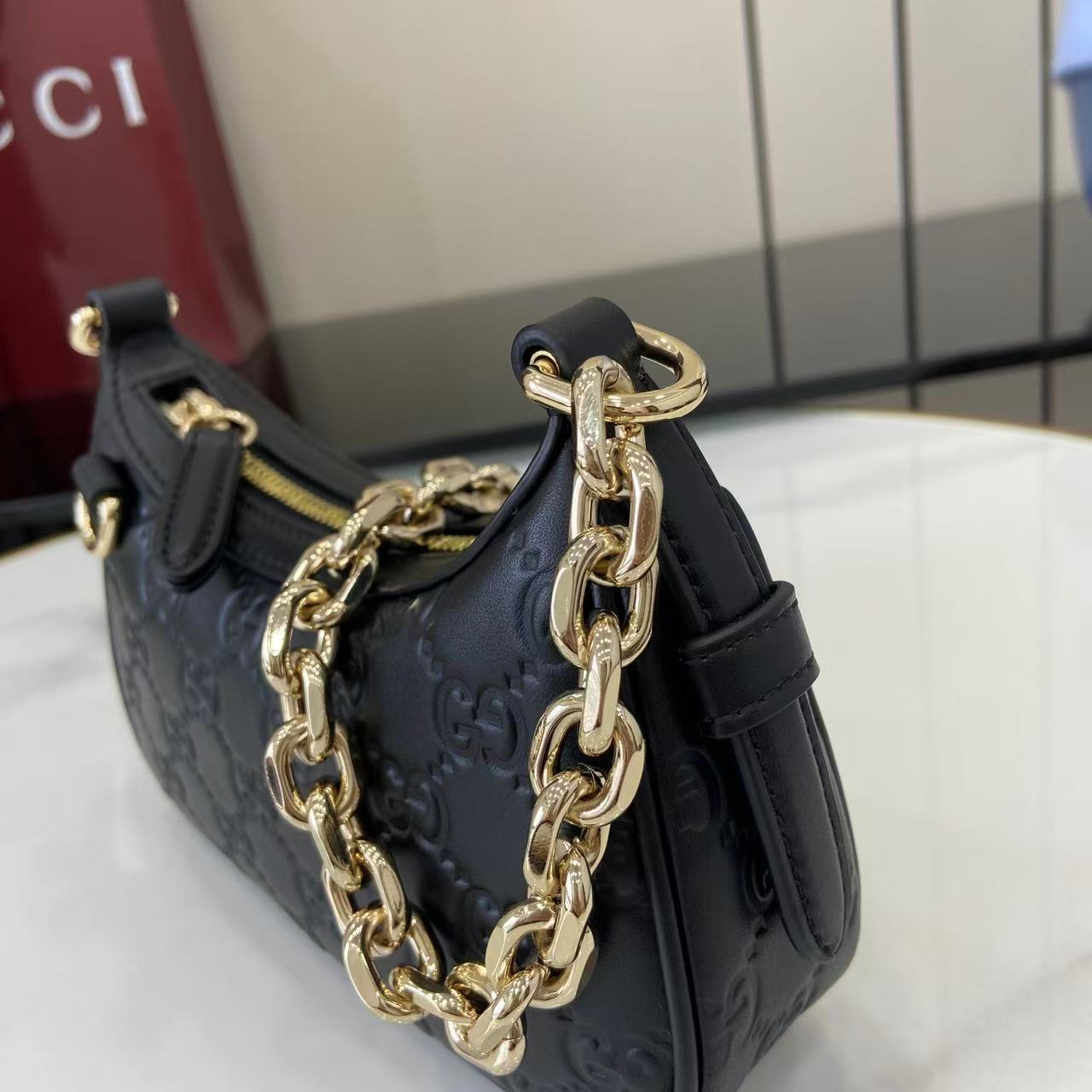 Gucci Emblem Small Embossed Leather Shoulder Bag with Chain Strap 12 i1757313129655 3061 0 10