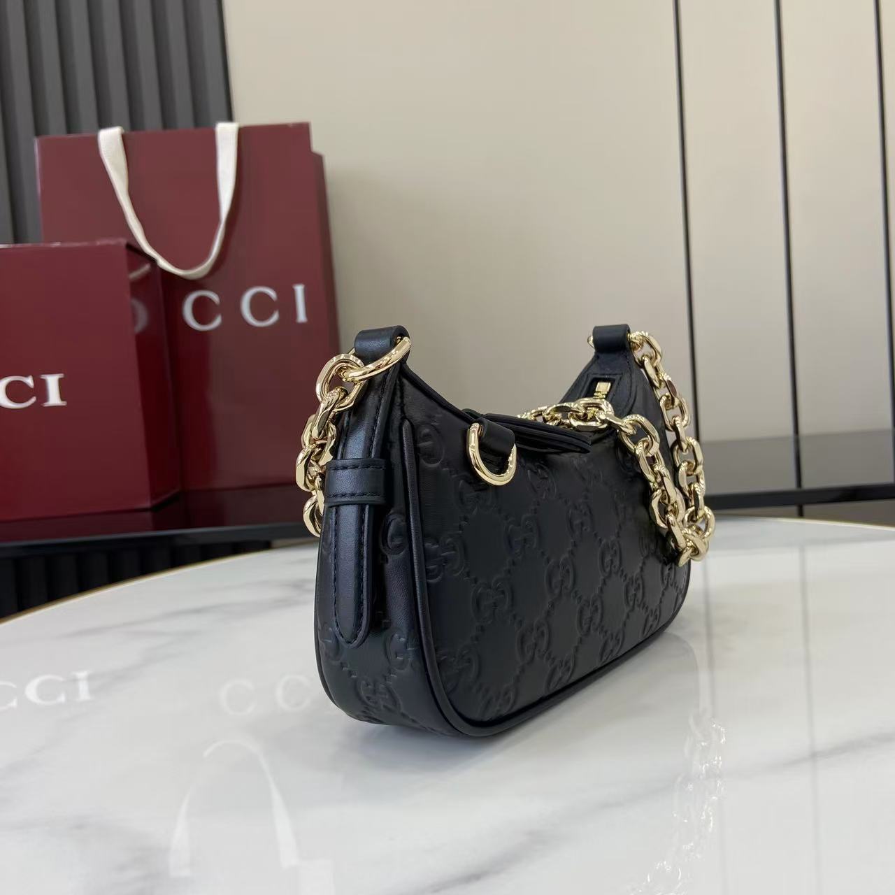 Gucci Emblem Small Embossed Leather Shoulder Bag with Chain Strap 3 i1757313131637 8417 0 1