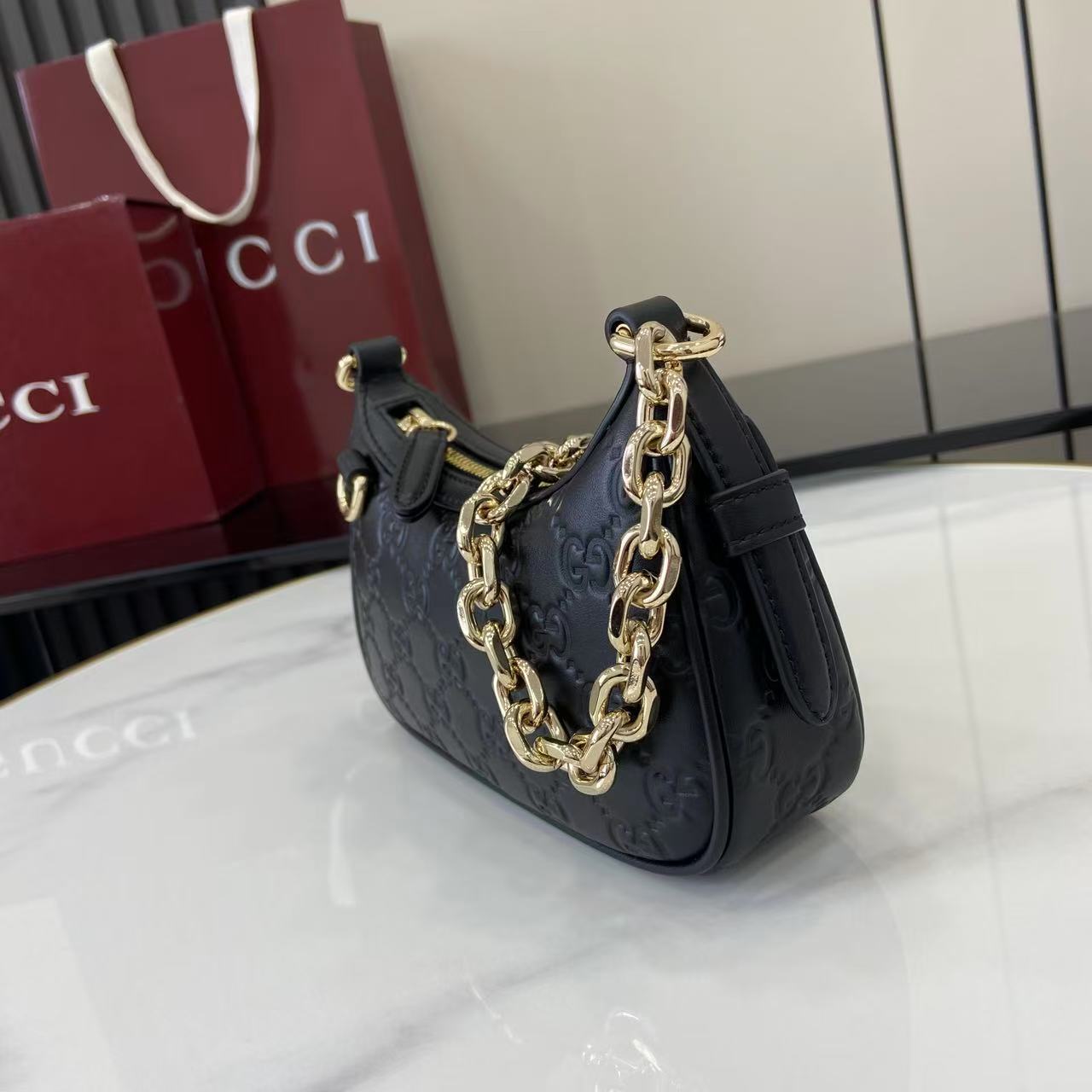 Gucci Emblem Small Embossed Leather Shoulder Bag with Chain Strap 7 i1757313131640 3389 0 5