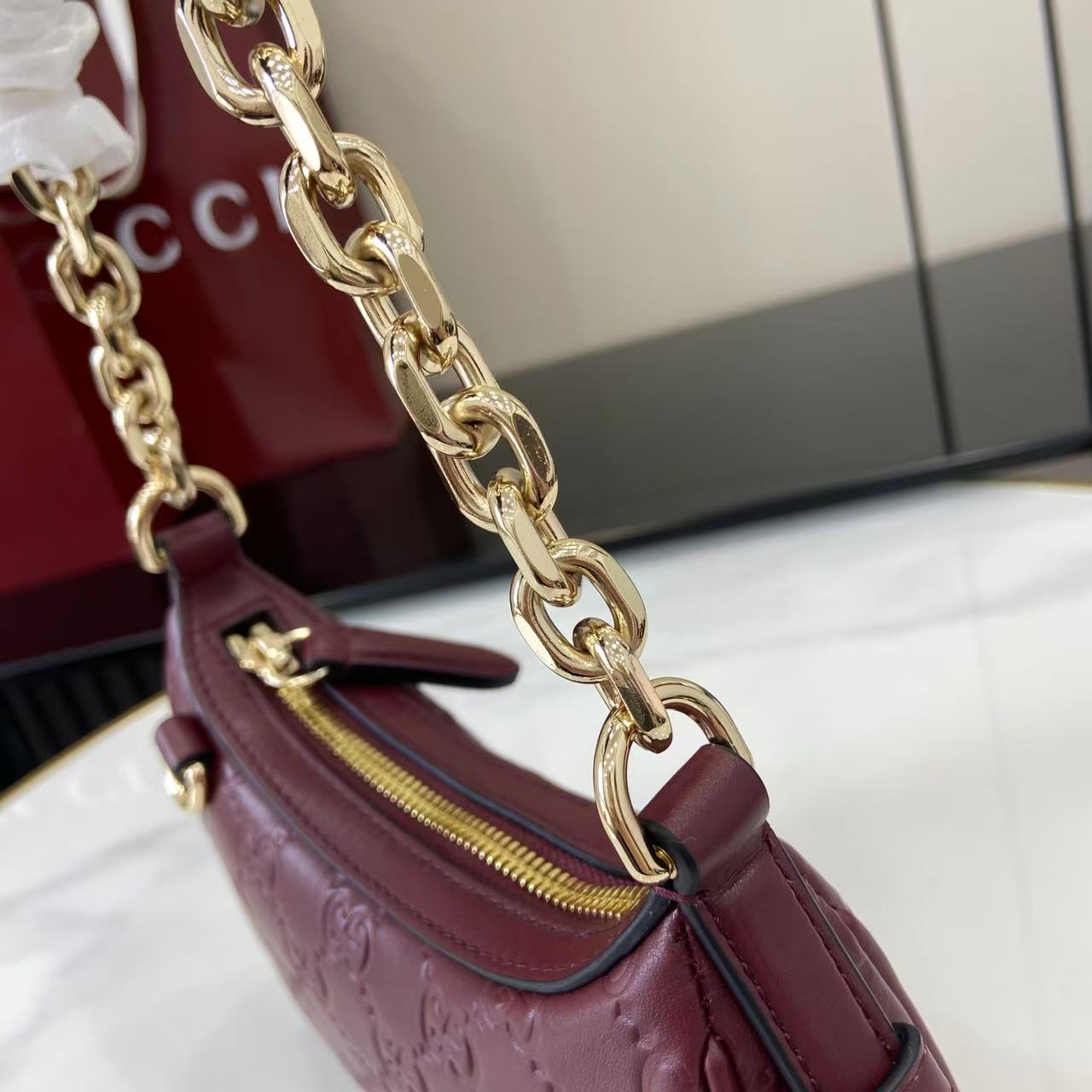 Gucci Emblem Small Shoulder Bag - Embossed Leather, Gold Chain Strap 11 i1757313216647 409 0 9