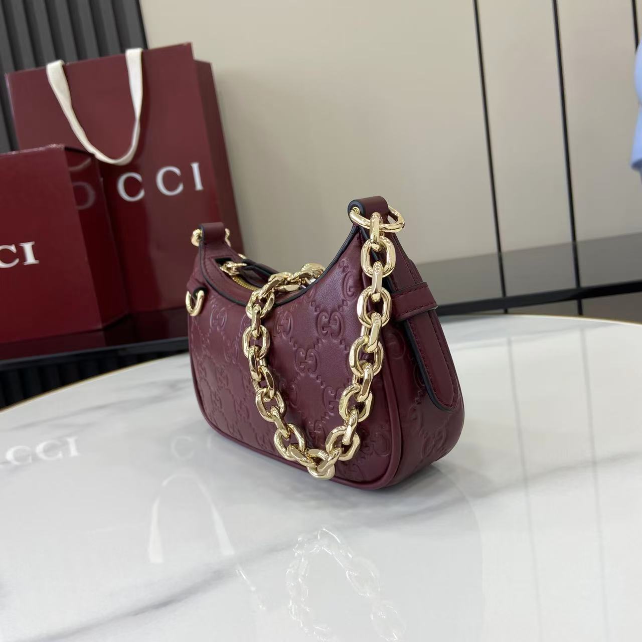 Gucci Emblem Small Shoulder Bag - Embossed Leather, Gold Chain Strap 7 i1757313218850 303 0 5