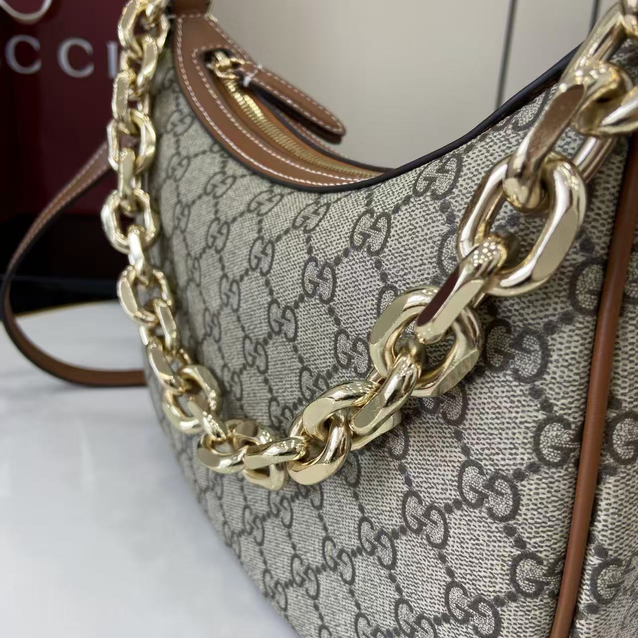Gucci Emblem Hobo Bag: Beige & Brown, Chain Strap, Adjustable Leather Strap 6 i1757575083489 9216 0 4