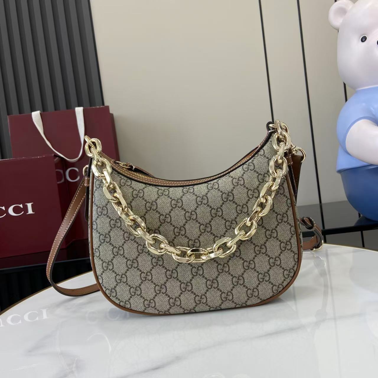 Gucci Emblem Hobo Bag: Beige & Brown, Chain Strap, Adjustable Leather Strap 2 i1757575083489 9263 0 0