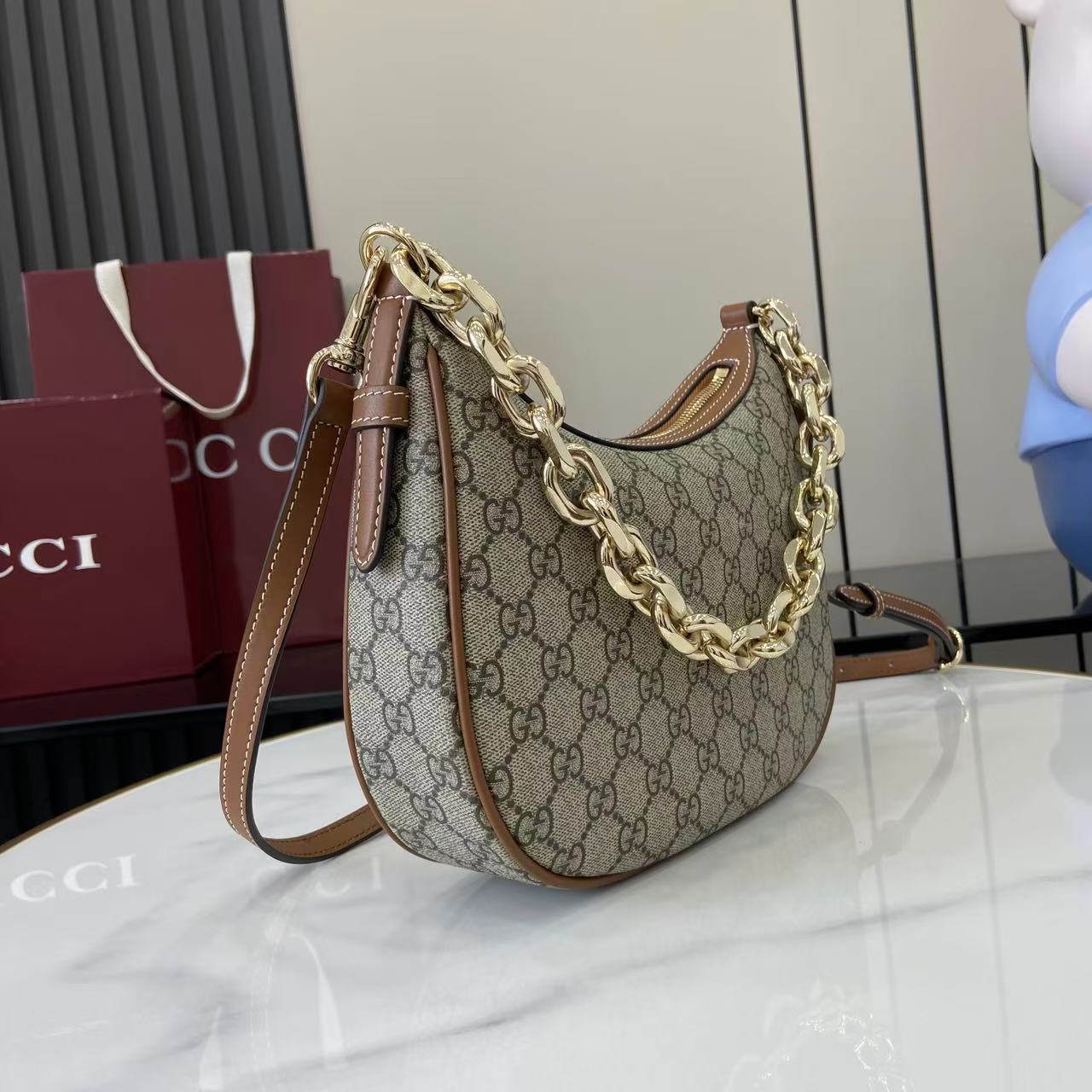 Gucci Emblem Hobo Bag: Beige & Brown, Chain Strap, Adjustable Leather Strap 3 i1757575086121 7892 0 1