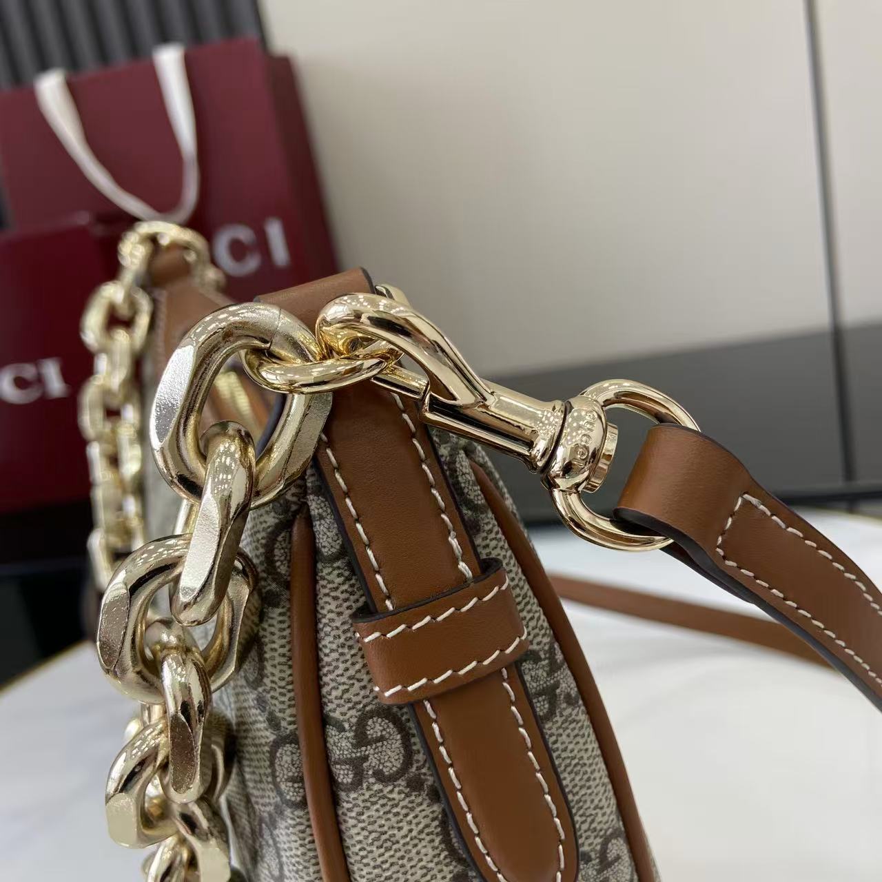 Gucci Emblem Hobo Bag: Beige & Brown, Chain Strap, Adjustable Leather Strap 11 i1757575086123 1182 0 9