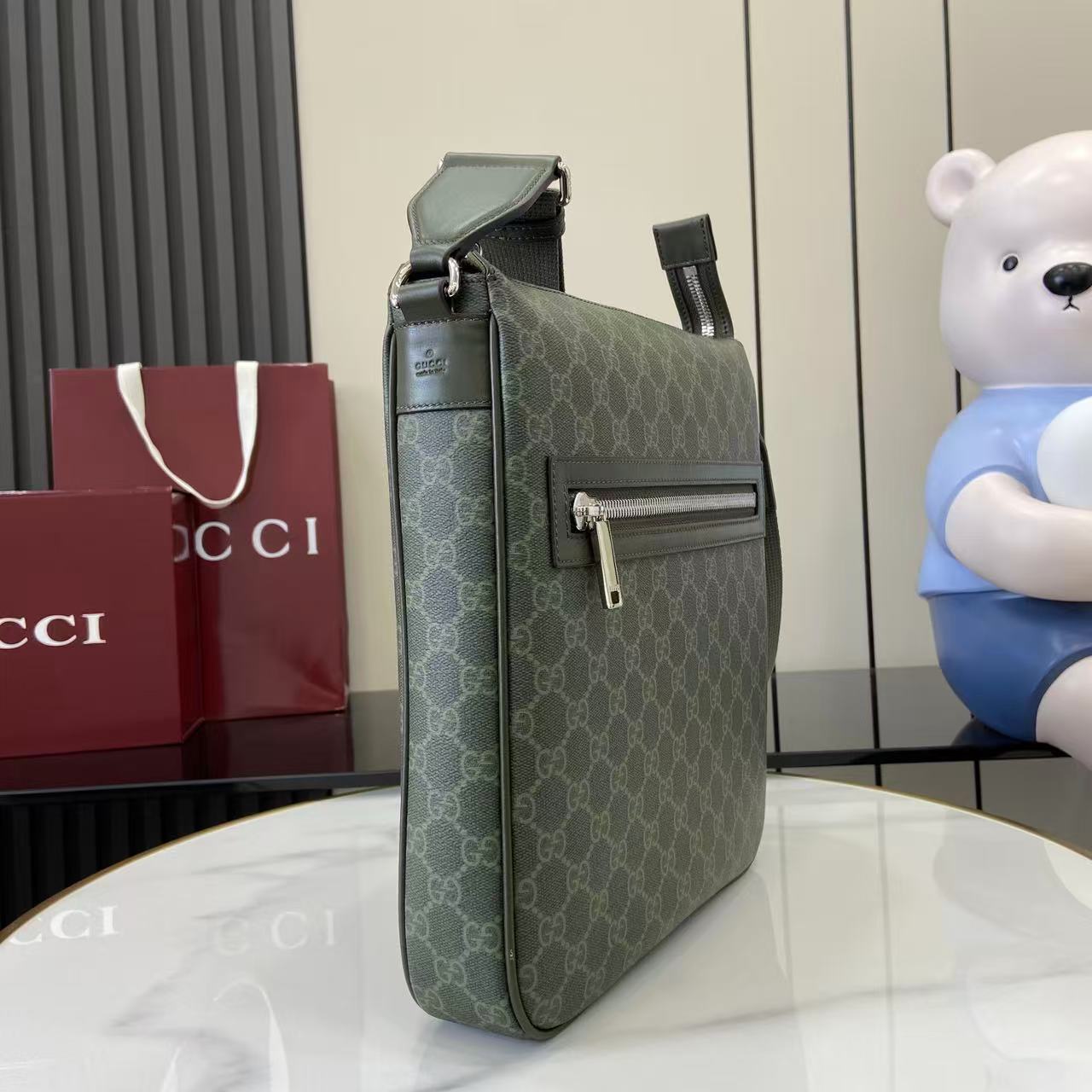 Gucci Supreme Canvas Messenger Bag, Forest Green with Leather Trim 2 i1757746199856 4389 0 1