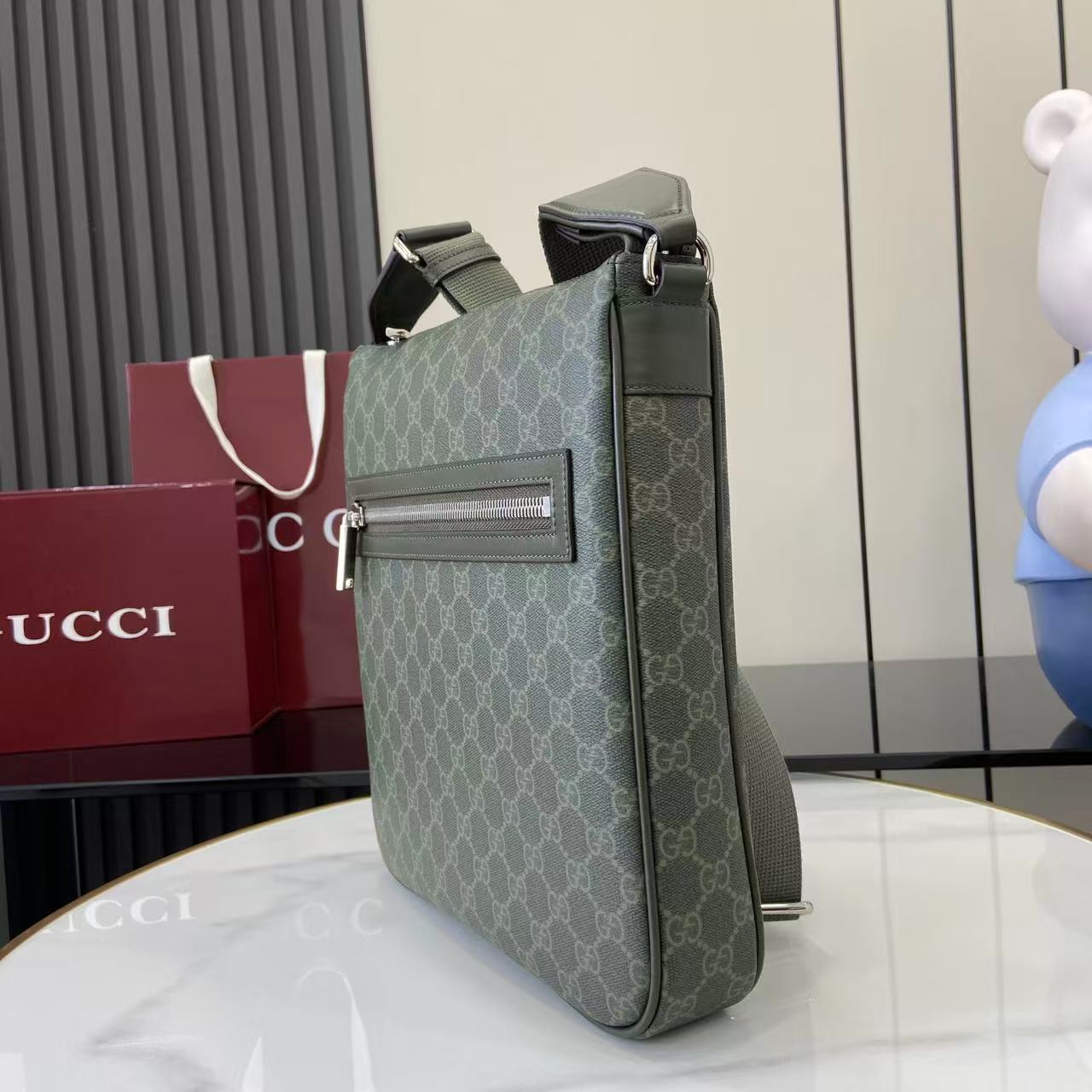 Gucci Supreme Canvas Messenger Bag, Forest Green with Leather Trim 6 i1757746199858 7566 0 5