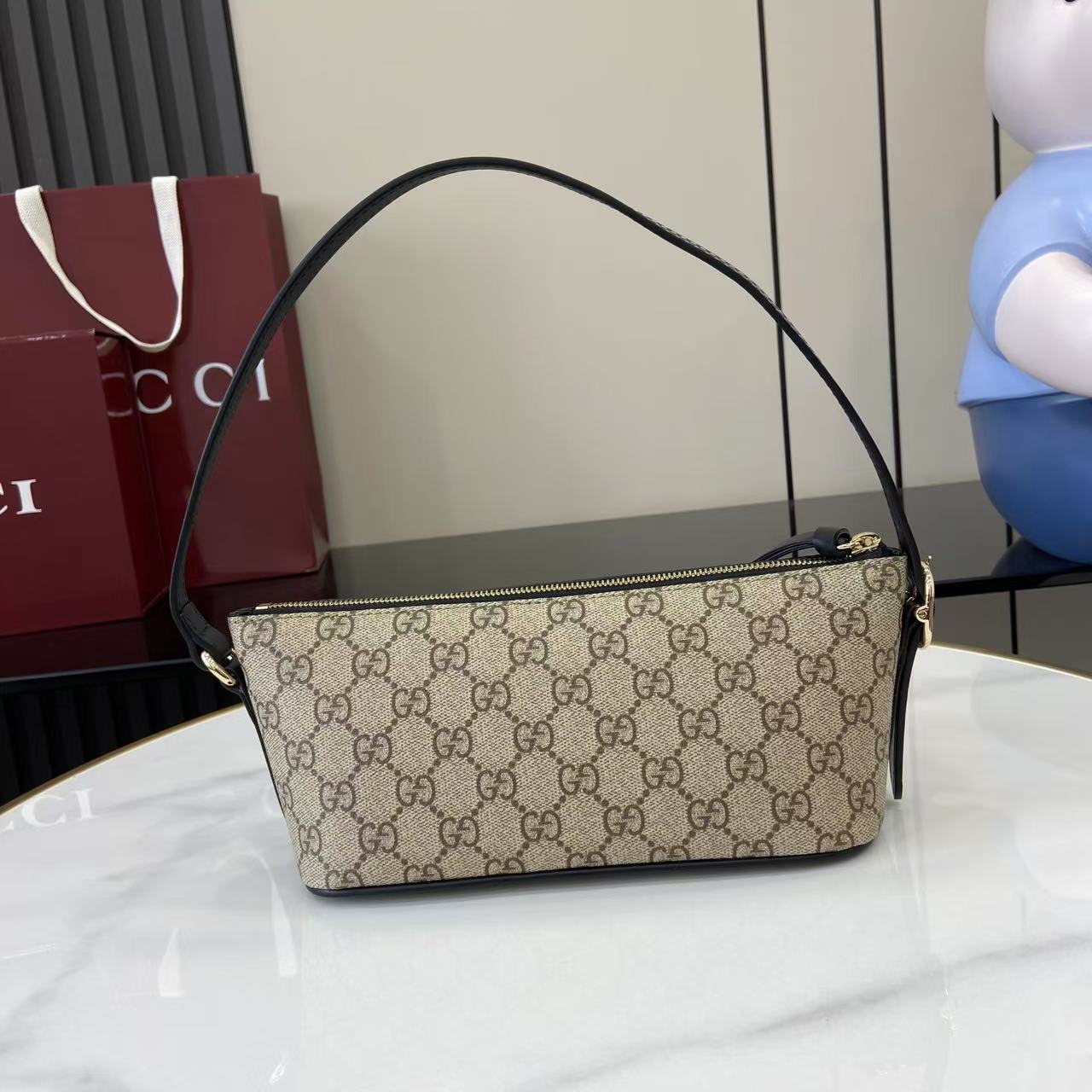 Gucci Emblem Small Shoulder Bag Beige & Dark Brown GG Print, Black Leather Trim 3 i1757930183623 1044 0 2