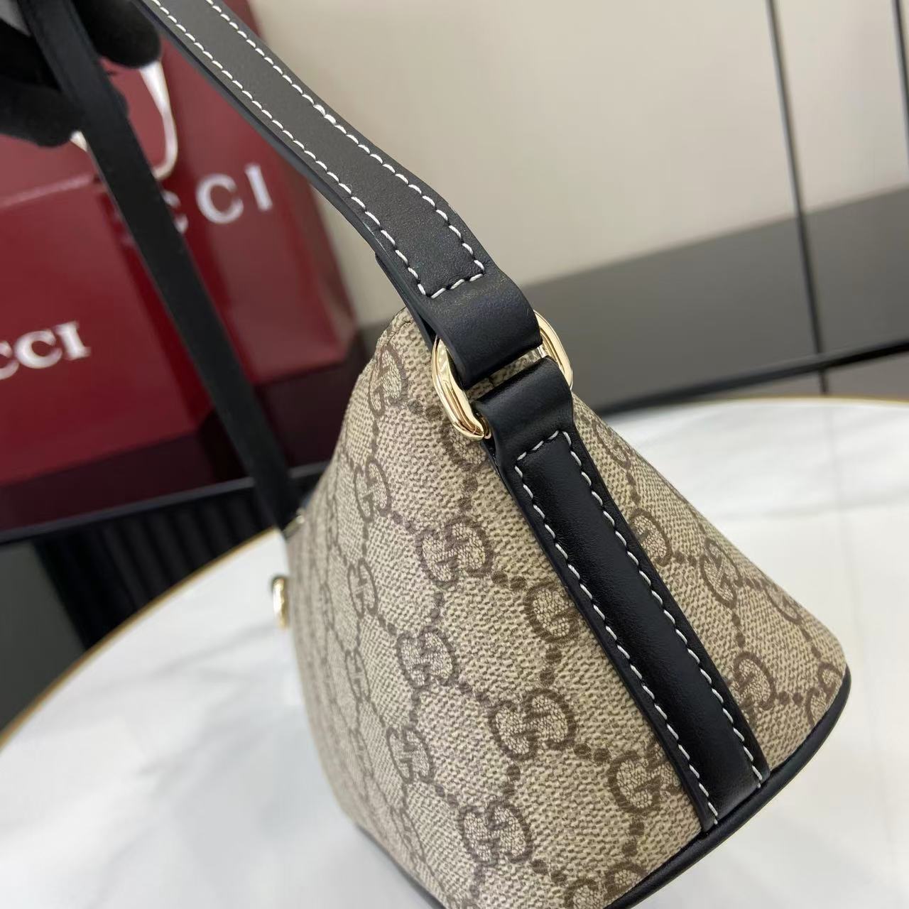 Gucci Emblem Small Shoulder Bag Beige & Dark Brown GG Print, Black Leather Trim 10 i1757930183623 2255 0 9