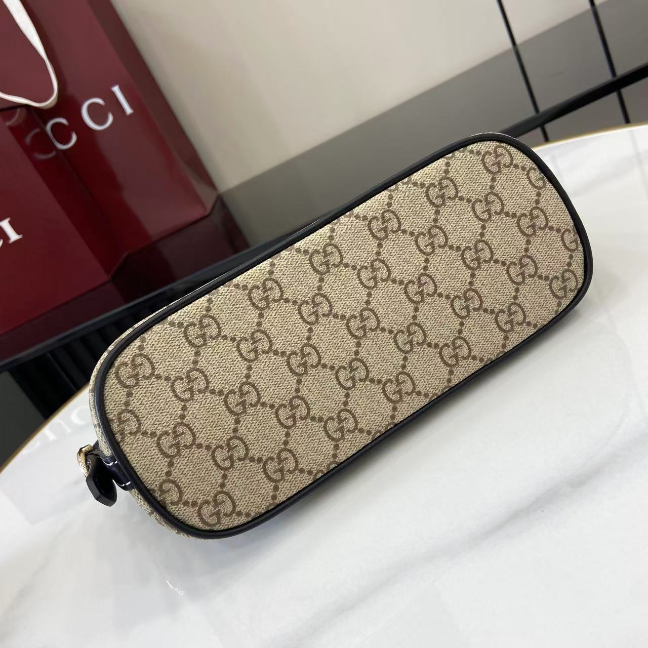 Gucci Emblem Small Shoulder Bag Beige & Dark Brown GG Print, Black Leather Trim 4 i1757930183623 7927 0 3