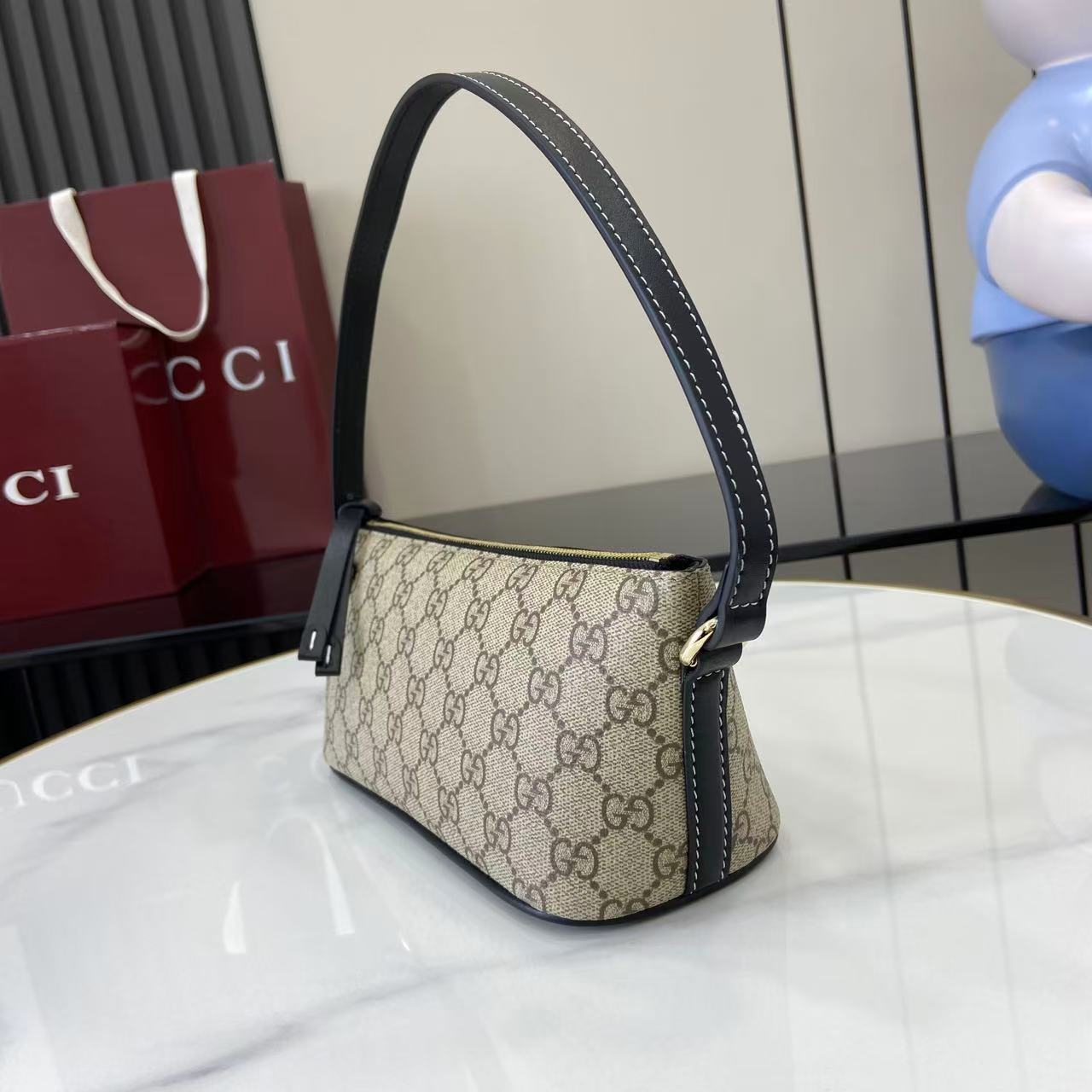 Gucci Emblem Small Shoulder Bag Beige & Dark Brown GG Print, Black Leather Trim 6 i1757930190869 4926 0 5