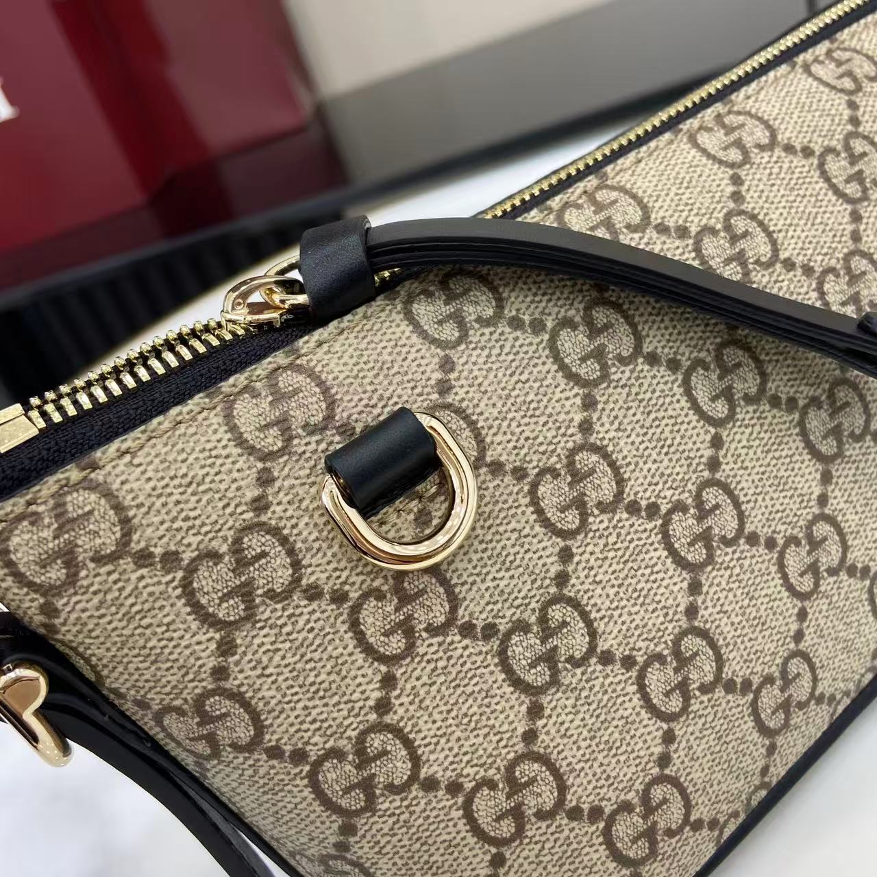Gucci Emblem Small Shoulder Bag Beige & Dark Brown GG Print, Black Leather Trim 5 i1757930190870 1953 0 4