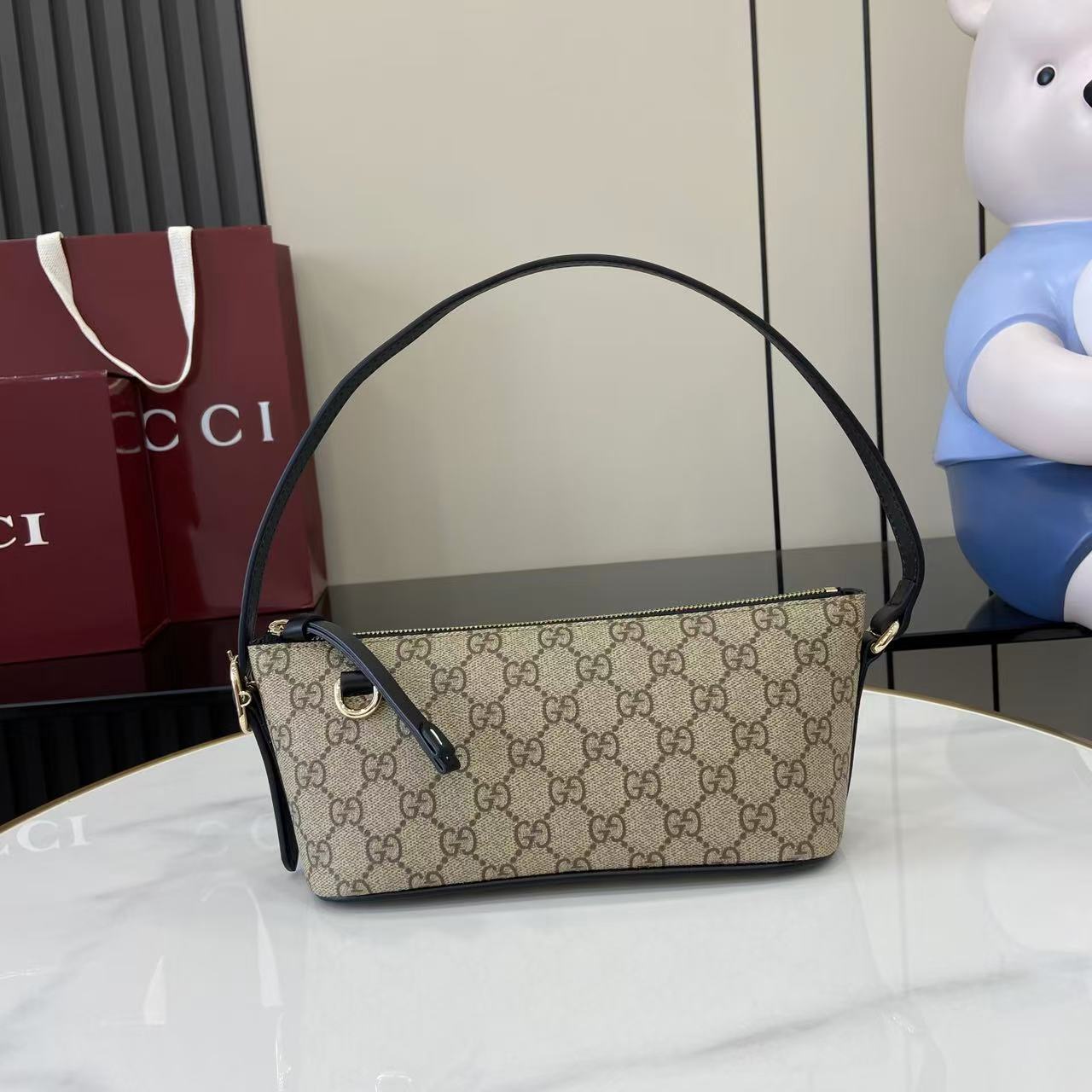 Gucci Emblem Small Shoulder Bag Beige & Dark Brown GG Print, Black Leather Trim 1 i1757930190871 5053 0 0