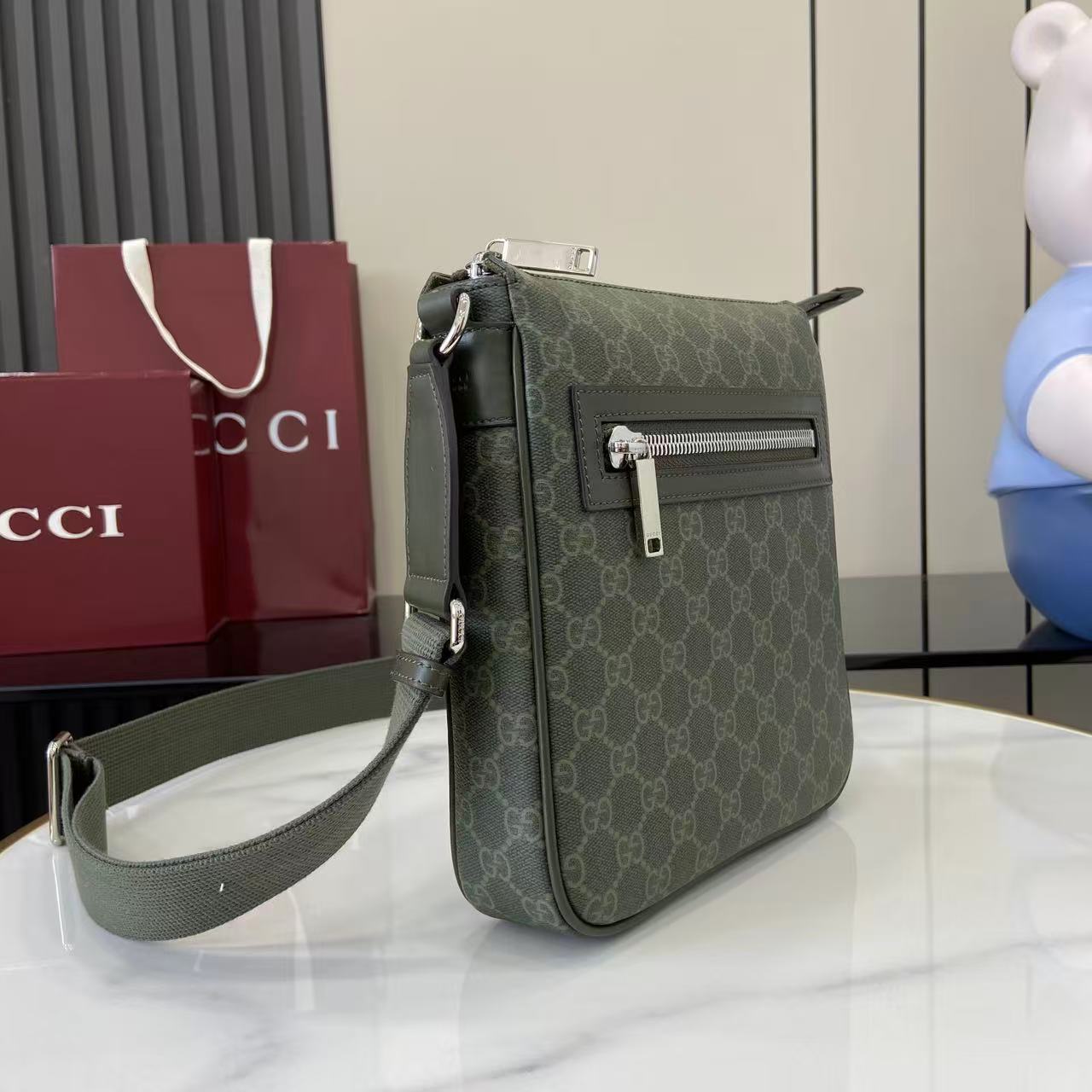Gucci Supreme Canvas Messenger Bag, Forest Green with Leather Trim 2 i1757942765602 8230 0 1